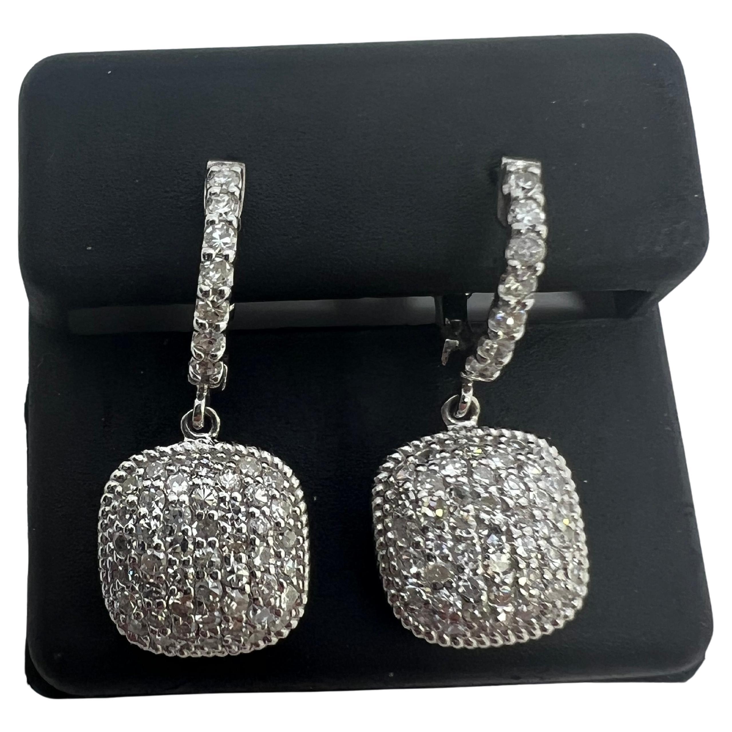 14k White Gold Diamond Pave Dangle Drop Huggy Earrings For Sale