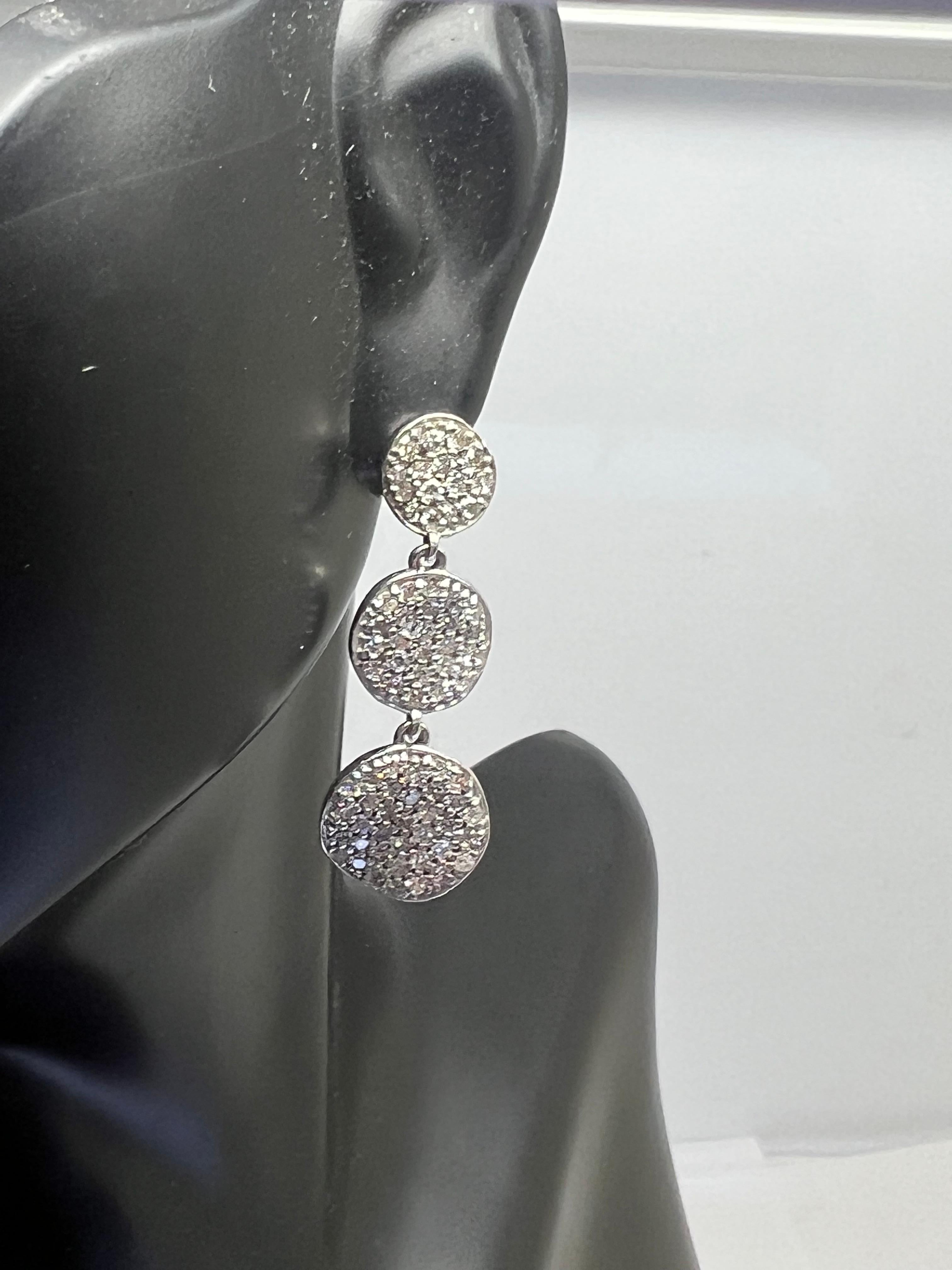 Modern 14k White Gold Diamond Pave Drop Dangle Circle Earrings For Sale
