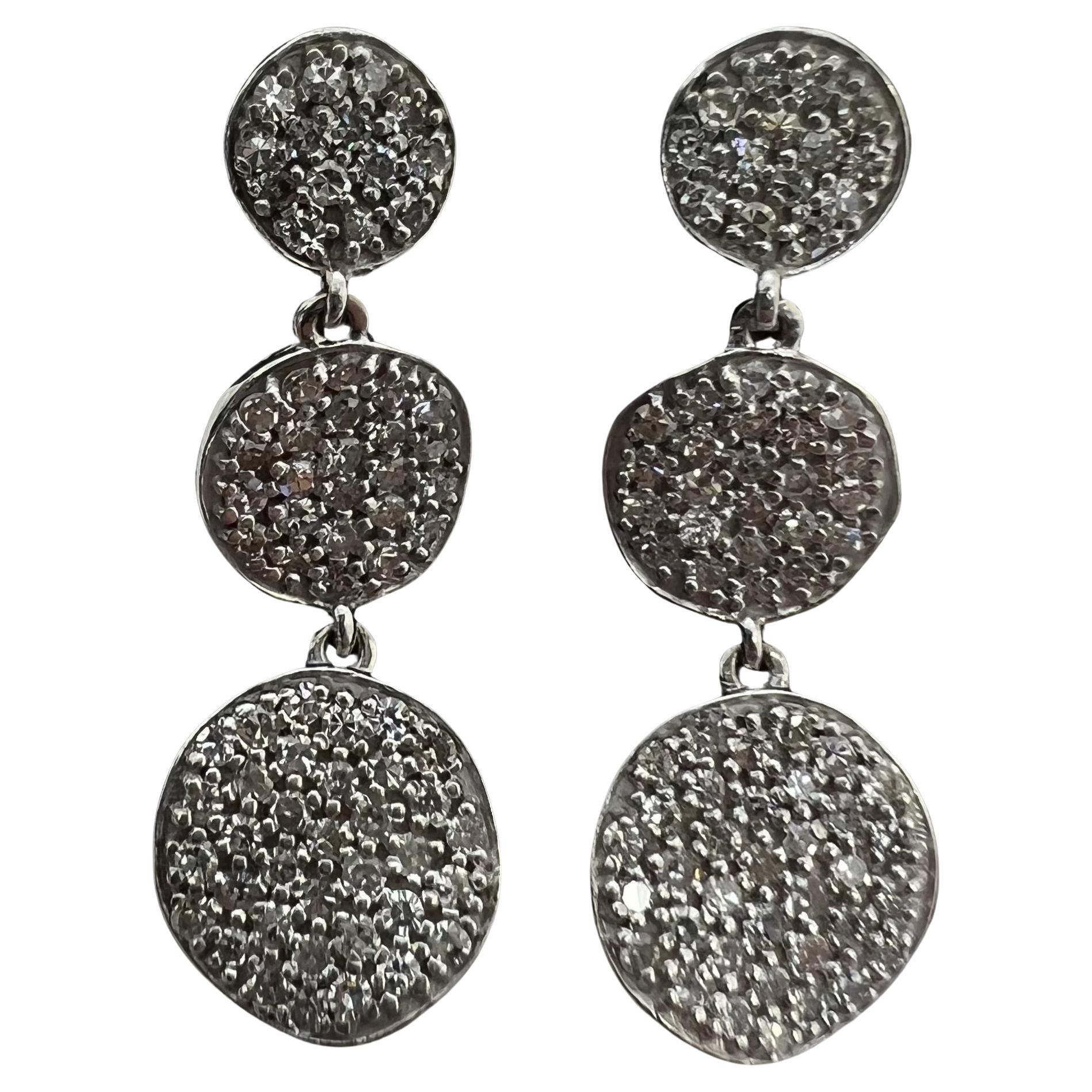 14k White Gold Diamond Pave Drop Dangle Circle Earrings For Sale