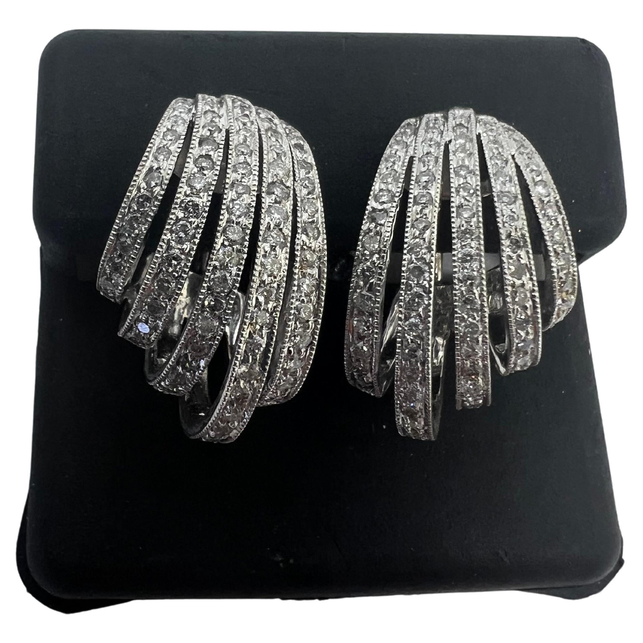 14k White Gold Diamond Pave Drop Dangle Leaver Back Shell Earrings For Sale