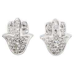 14 Karat White Gold Diamond Pave Hamsa Stud Push Back Earrings