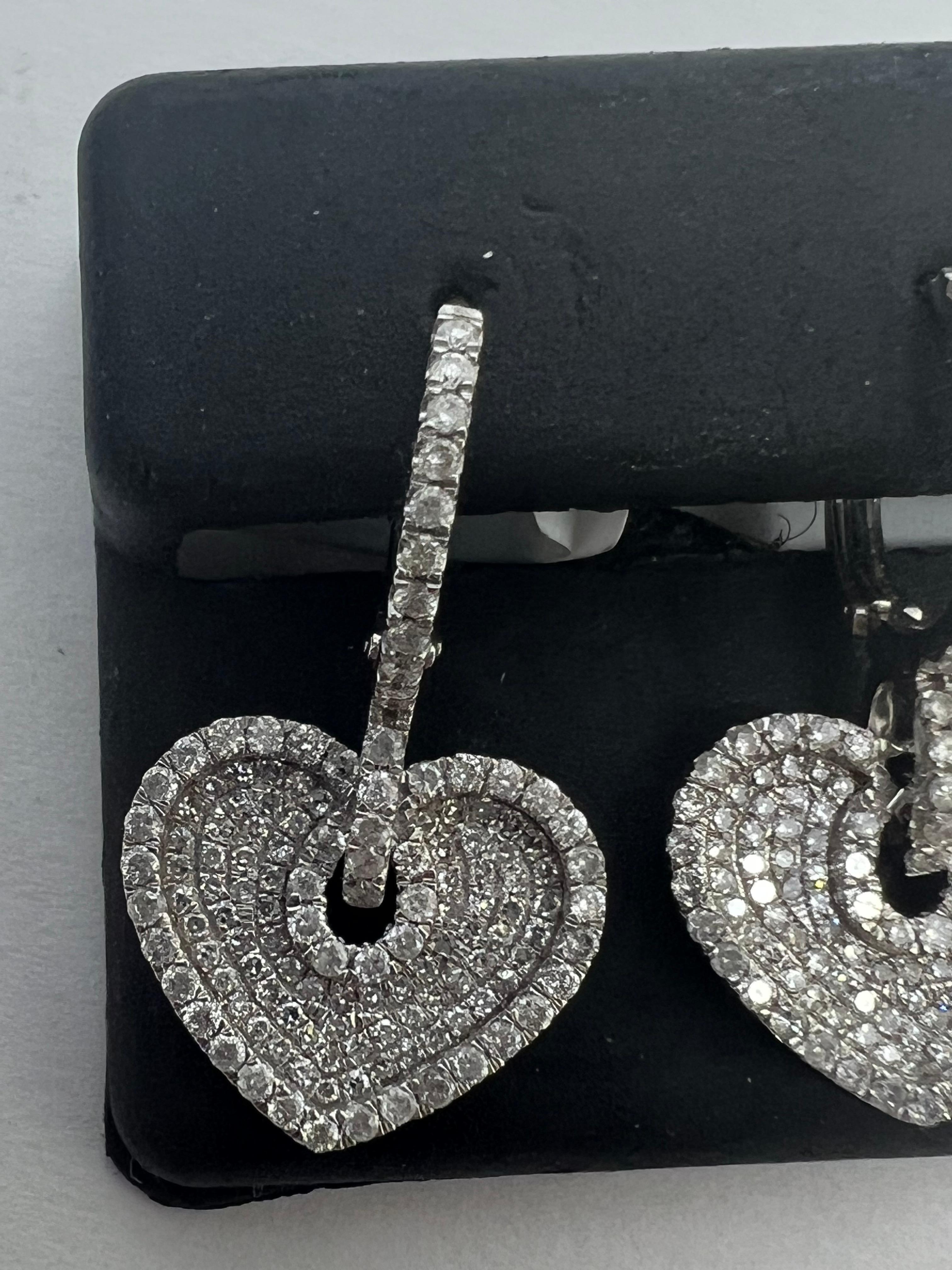 Modernist 14k White Gold Diamond Pave Heart Drop Dangle Huggy Earrings For Sale