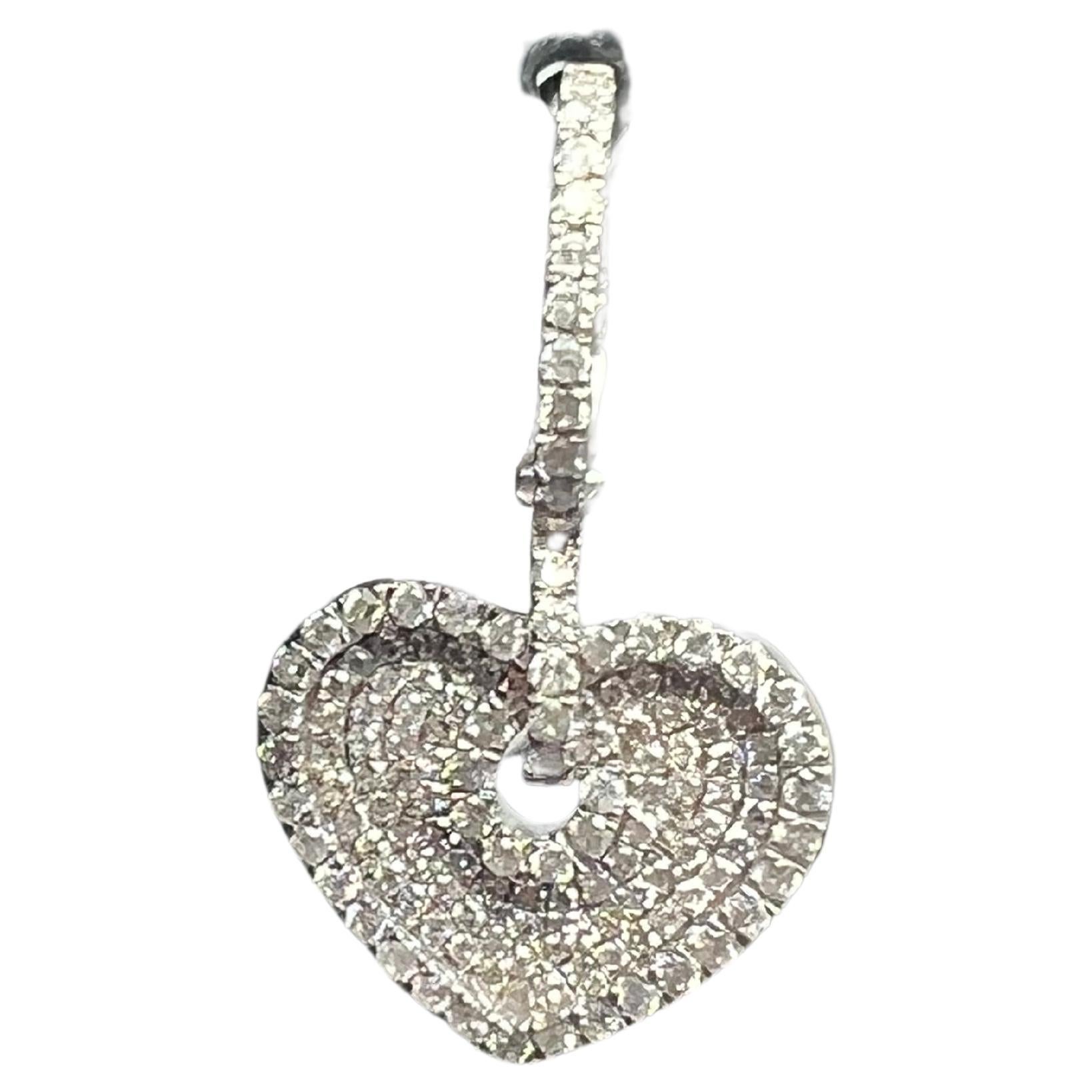 14k White Gold Diamond Pave Heart Drop Dangle Huggy Earrings For Sale