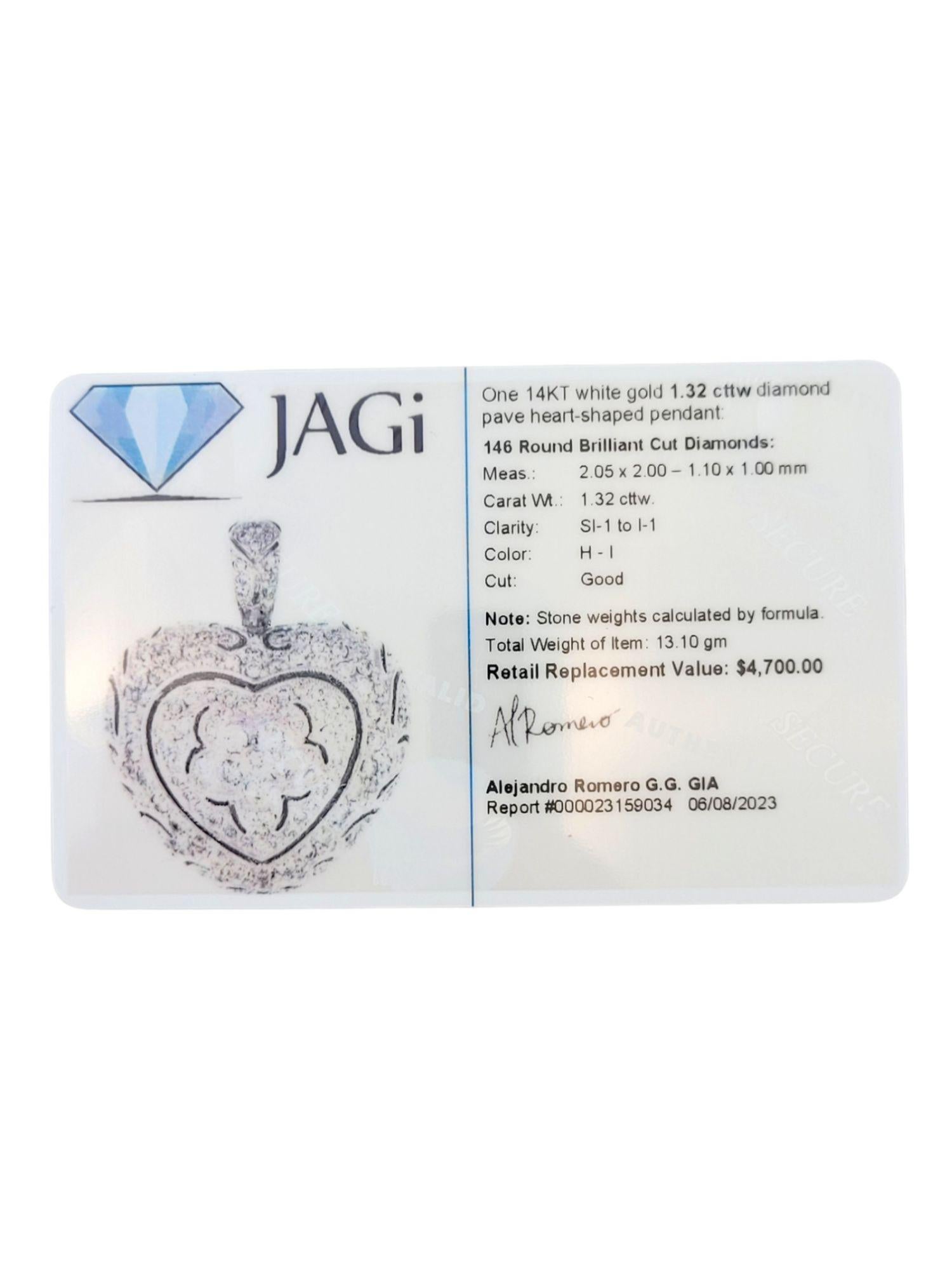 Women's 14K White Gold Diamond Pave Heart Pendant #14751 For Sale