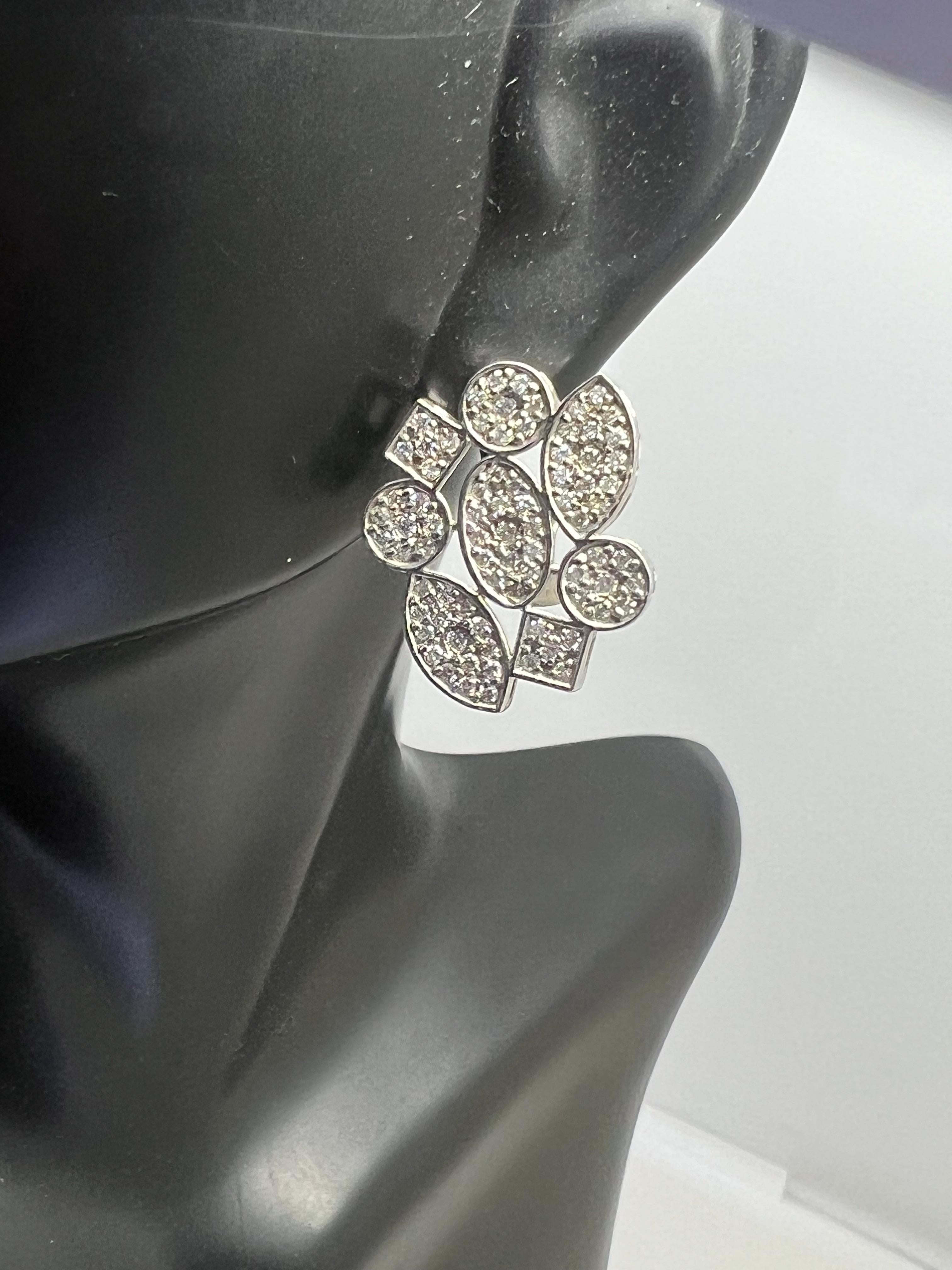 Art Deco 14k White Gold Diamond Pave Leaver Back Flower Earrings For Sale
