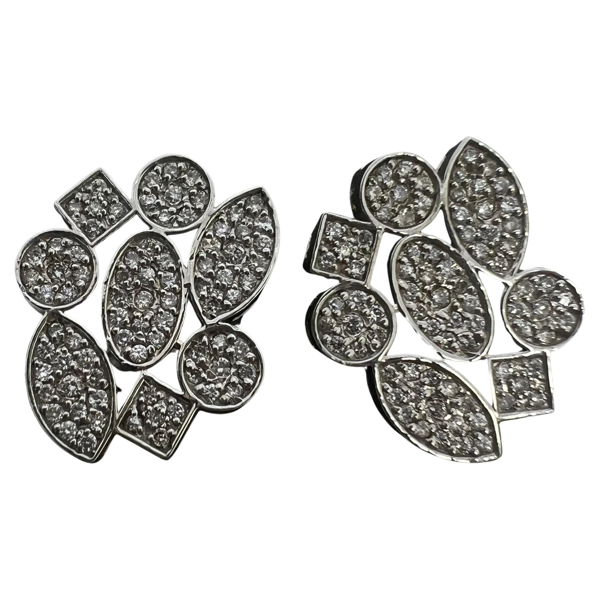 14k White Gold Diamond Pave Leaver Back Flower Earrings For Sale