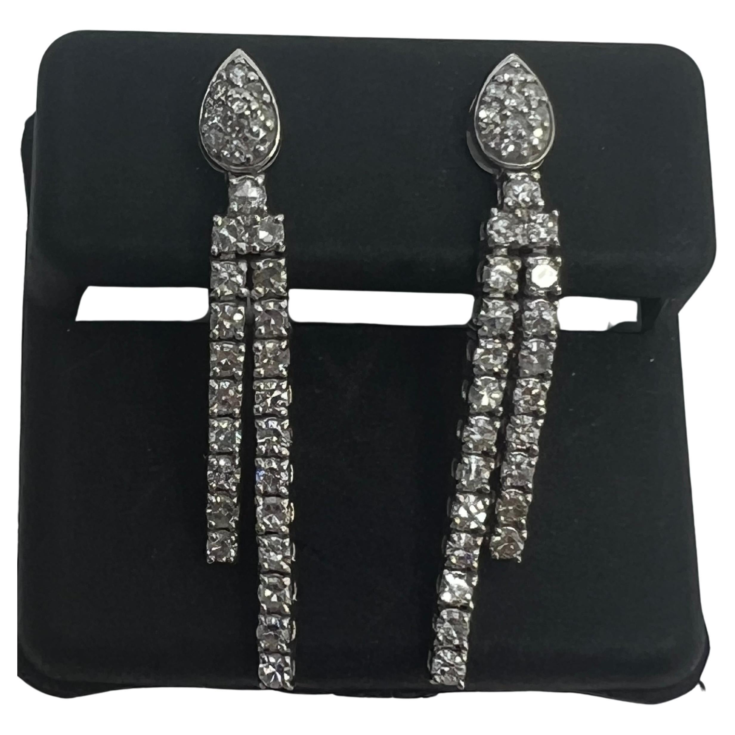 14k White Gold Diamond Pave Prong Drop Dangle Pear Earrings For Sale
