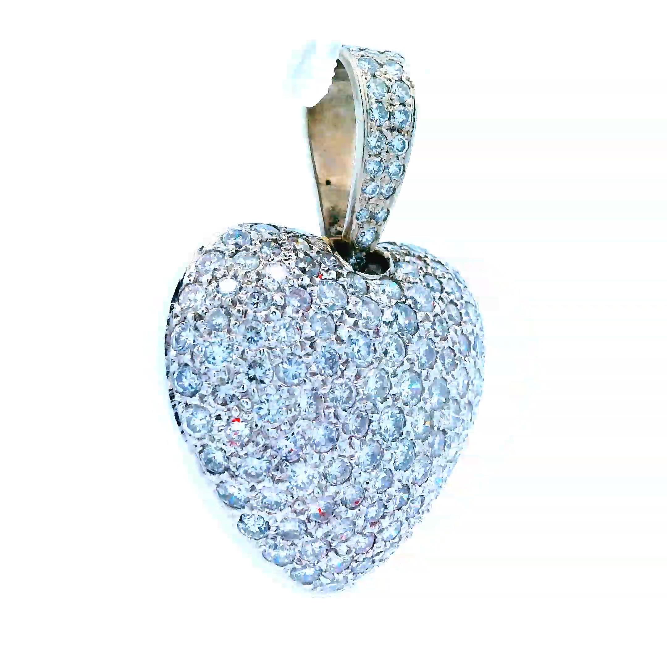 Contemporary 14K White Gold Diamond Pave Puffy Heart Pendant  For Sale