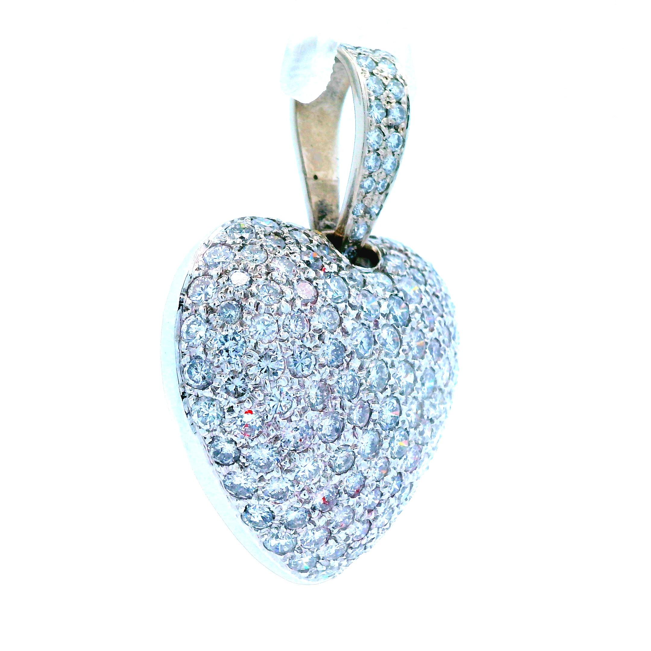 Women's or Men's 14K White Gold Diamond Pave Puffy Heart Pendant For Sale