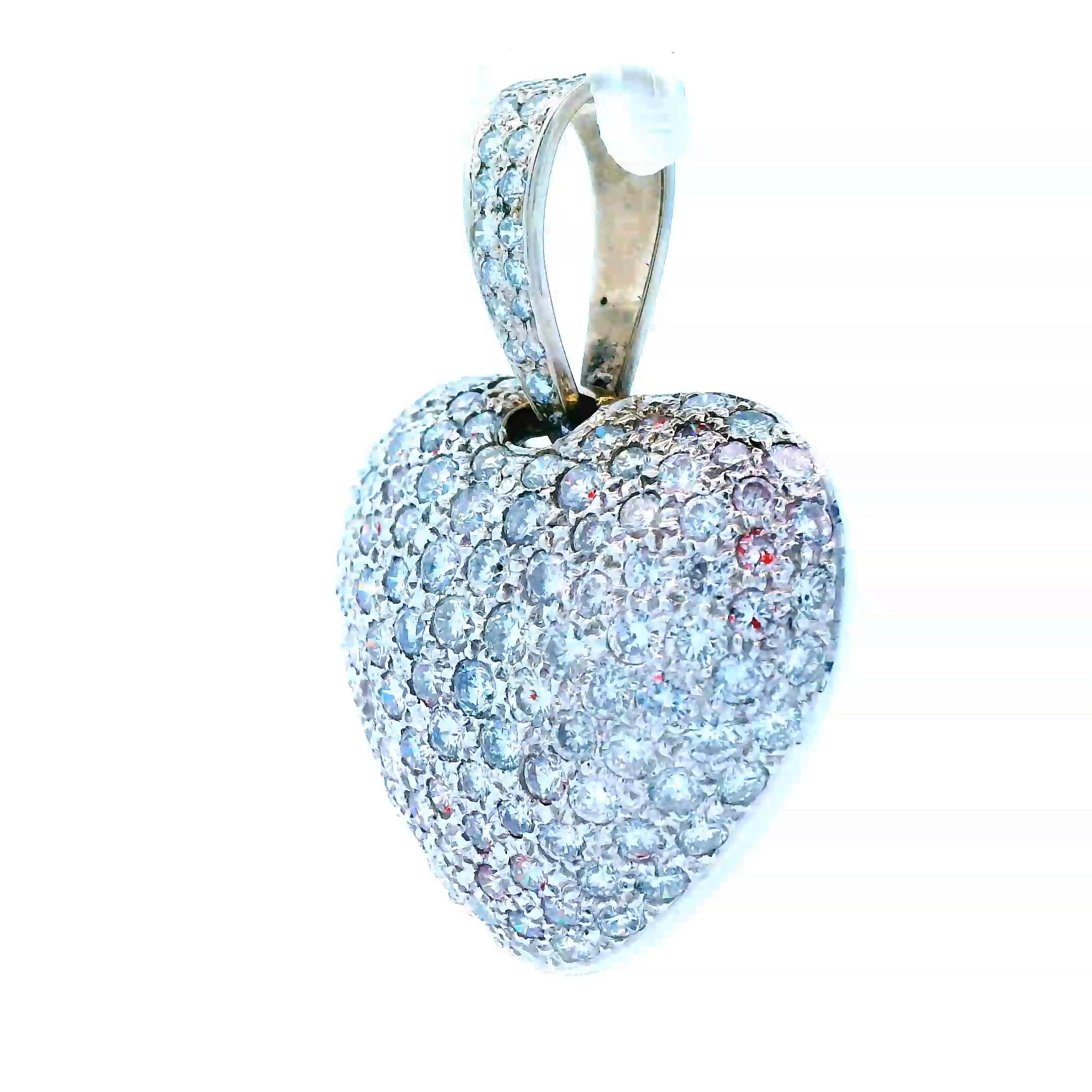 14K White Gold Diamond Pave Puffy Heart Pendant  For Sale 2