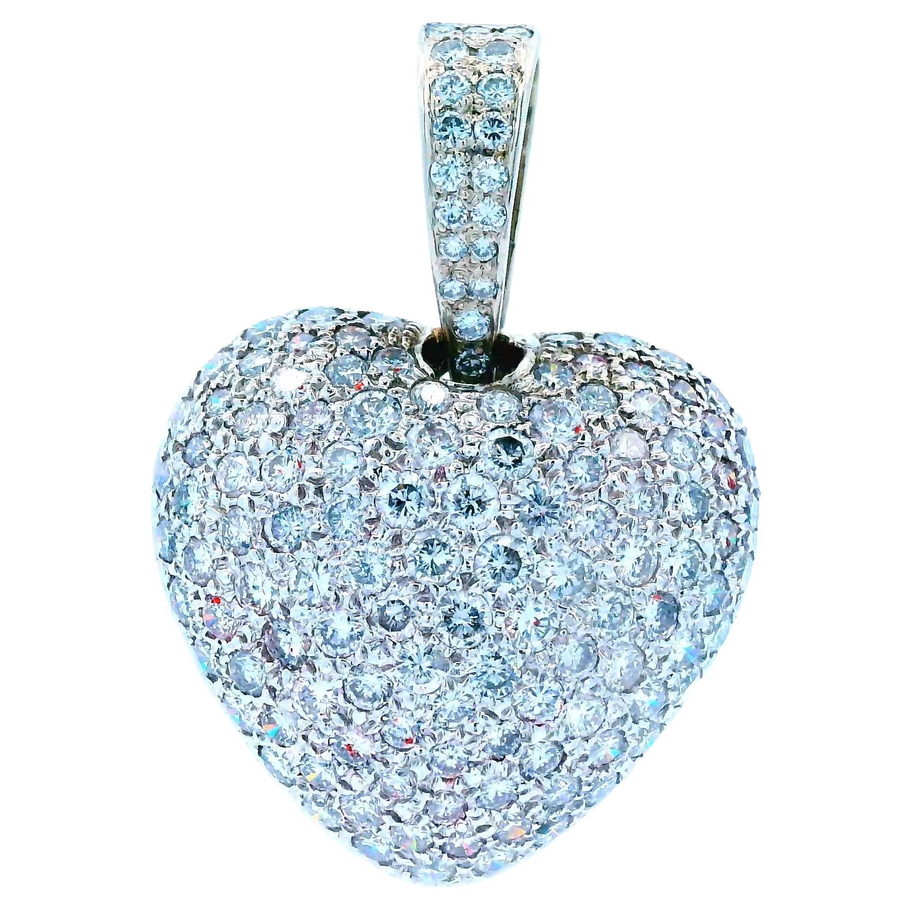14K White Gold Diamond Pave Puffy Heart Pendant  For Sale