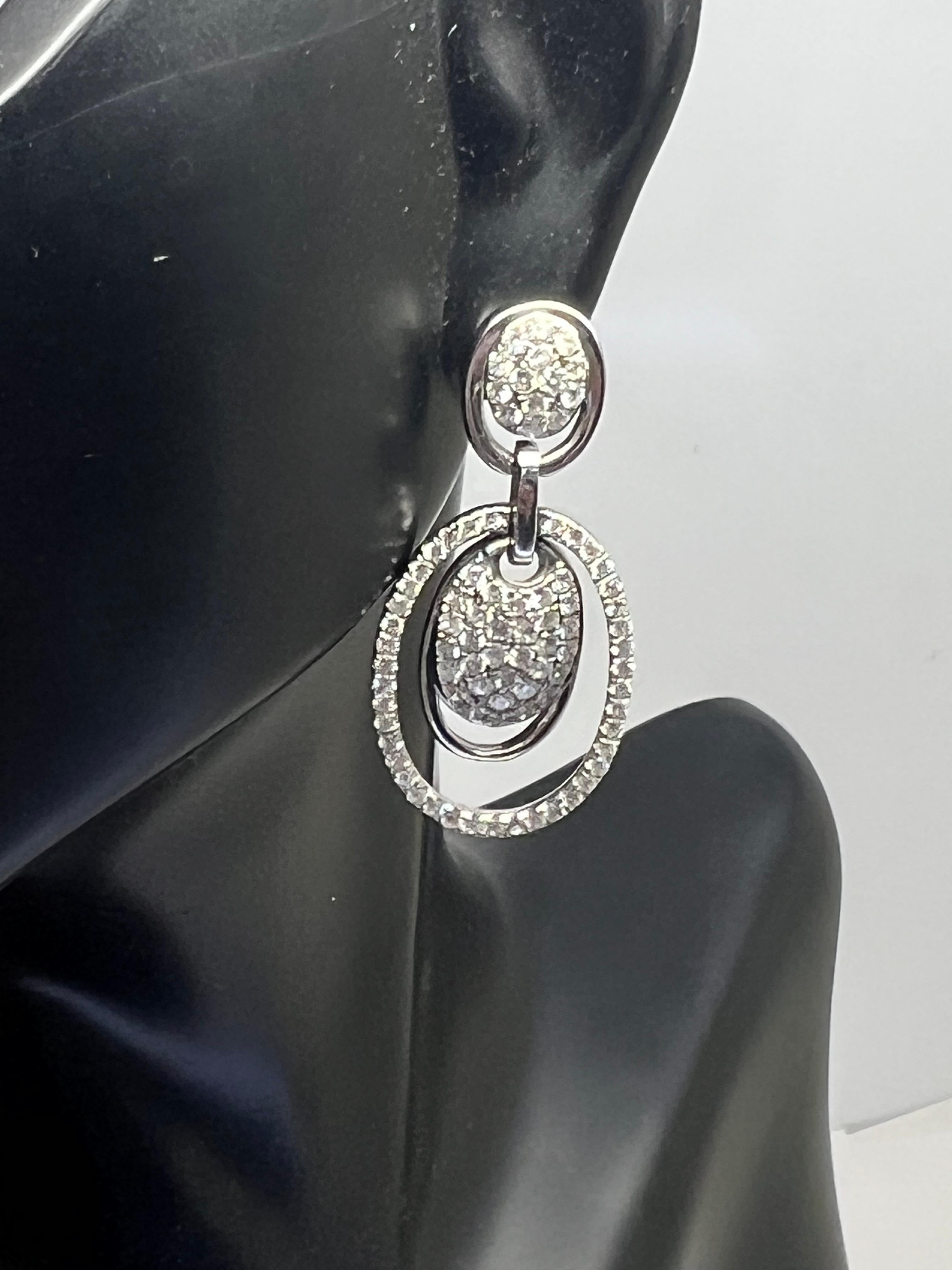 Round Cut 14k White Gold Diamond Pavee' Drop Dangle Oval Earrings For Sale