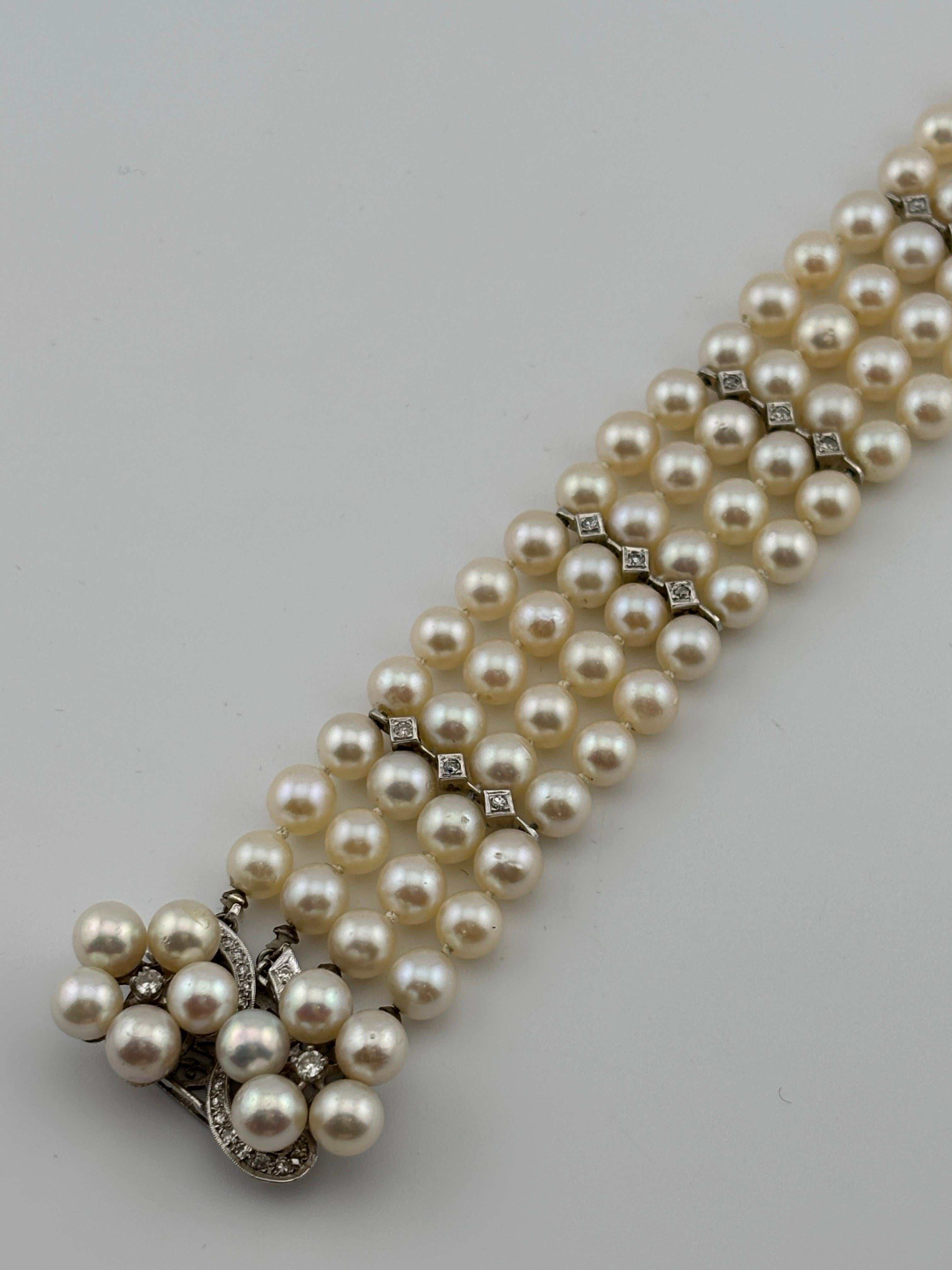 14k White Gold Diamond & Pearl Bracelet For Sale 8