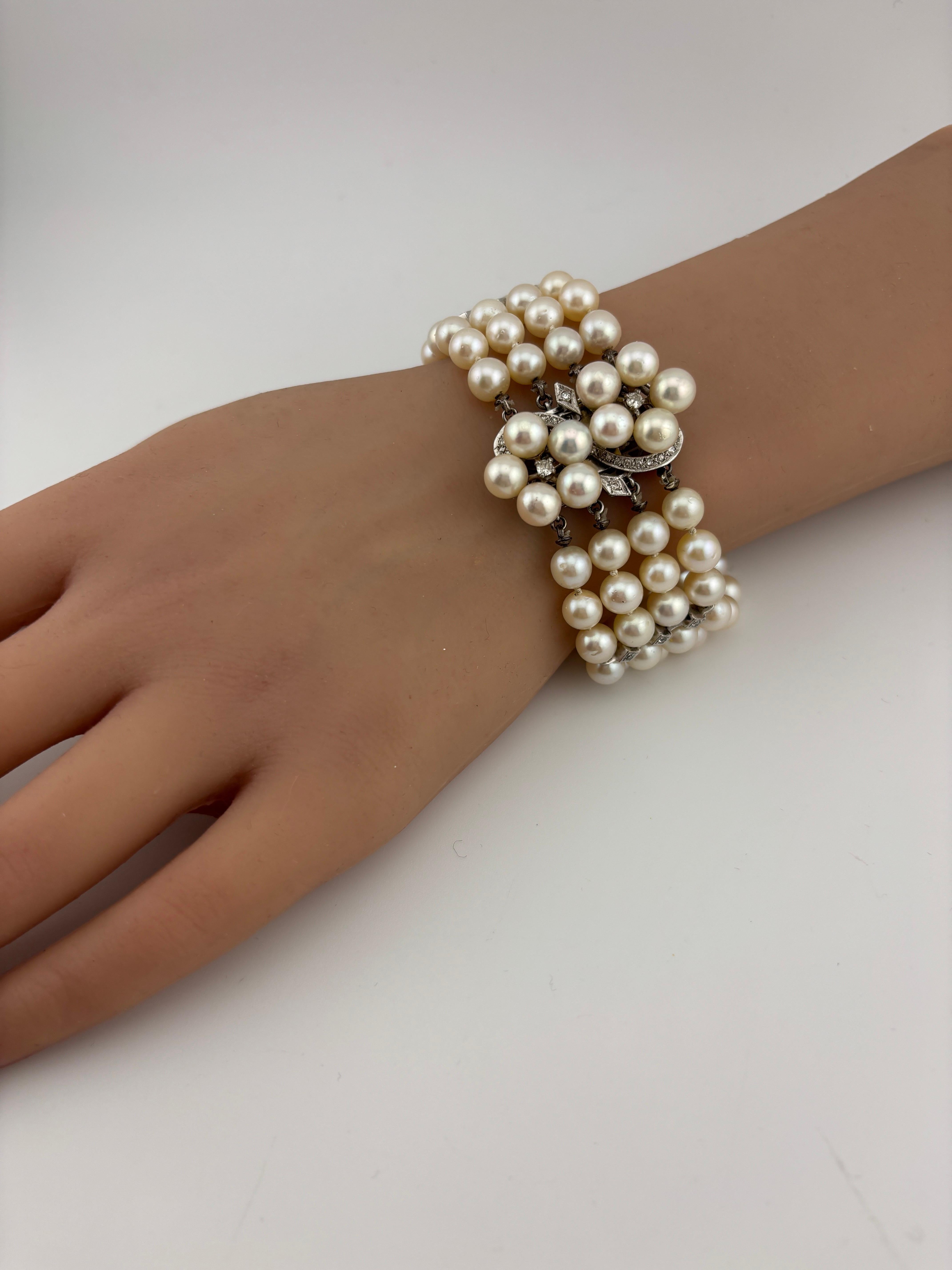 Women's or Men's 14k White Gold Diamond & Pearl Bracelet For Sale