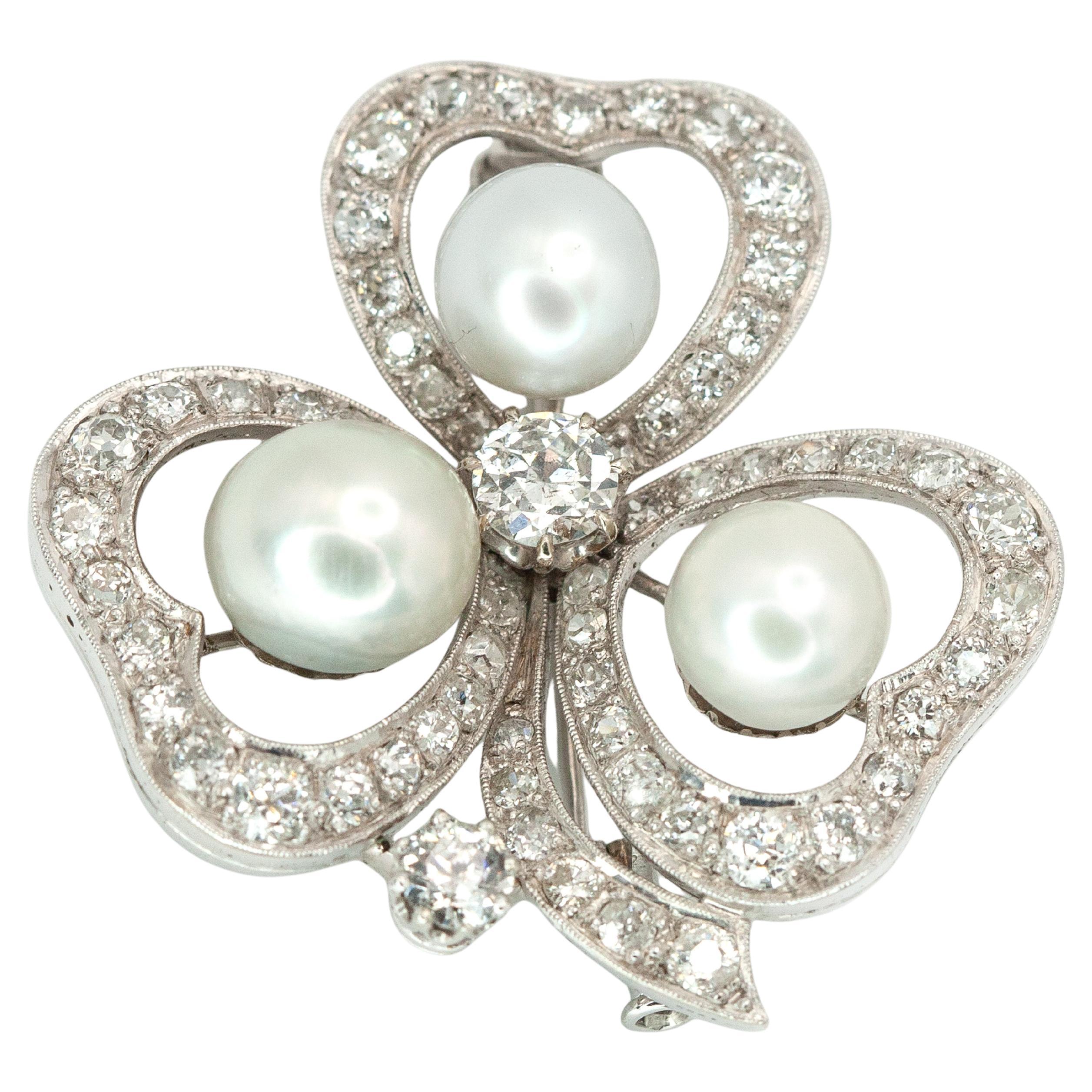 Spilla a forma di trifoglio con diamante e perla 14K WG