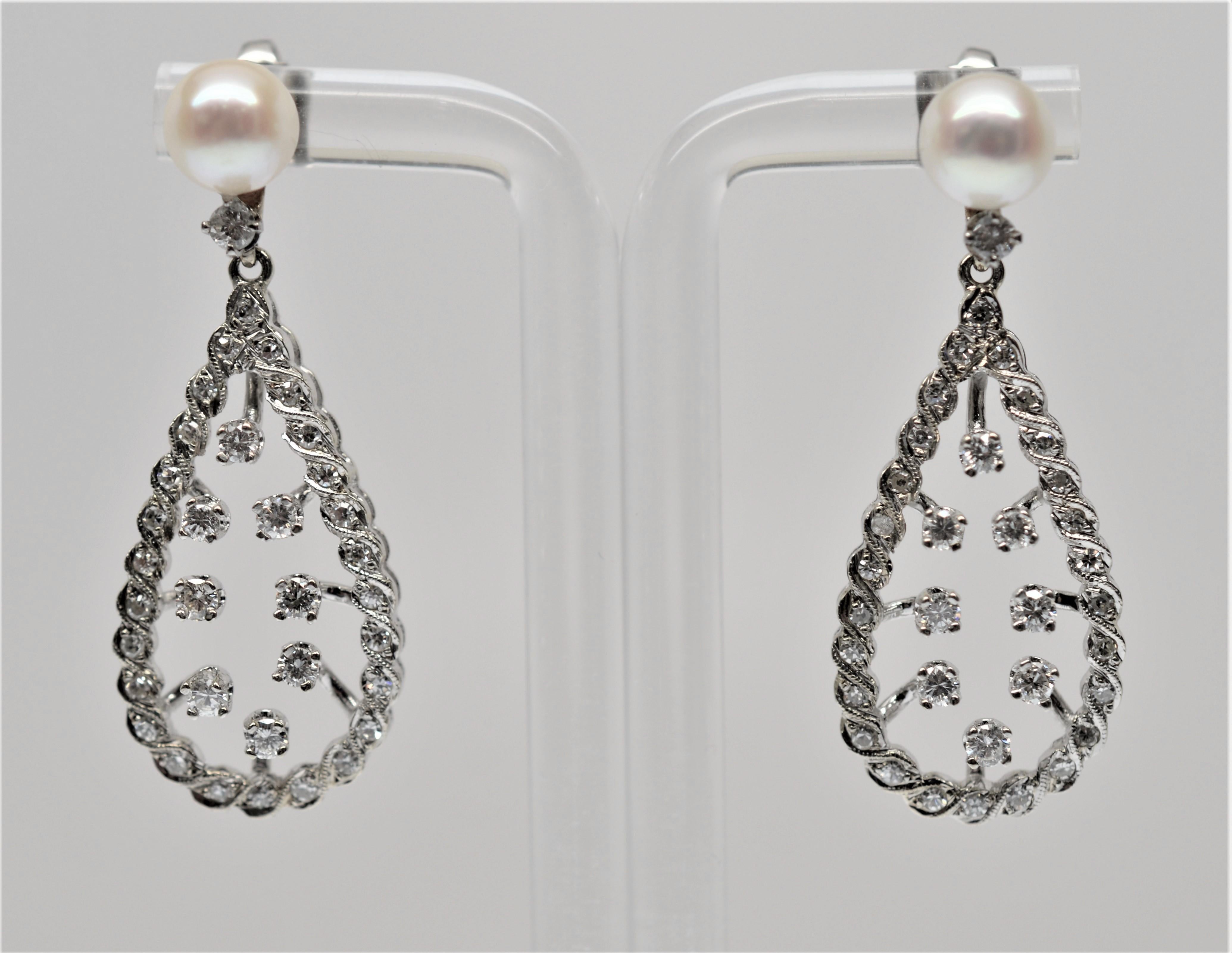 Round Cut White Gold Diamond Pearl Tear Drop Earrings For Sale