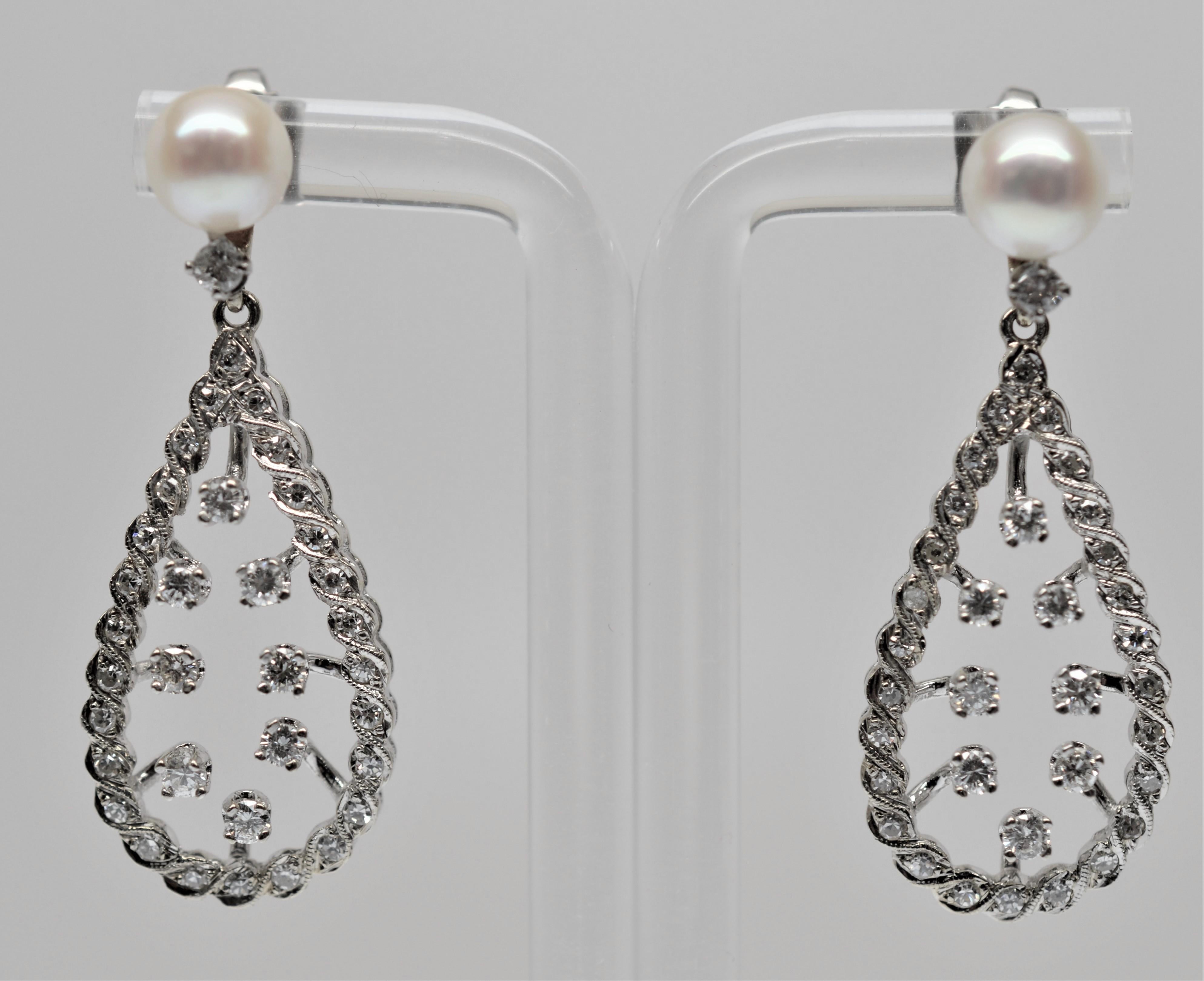 White Gold Diamond Pearl Tear Drop Earrings In Excellent Condition For Sale In Mount Kisco, NY