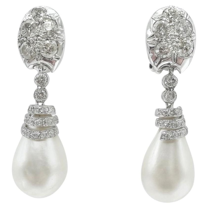 14K White Gold Diamond & Pearl Drop Earrings