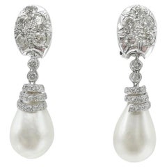 14K White Gold Diamond & Pearl Drop Earrings