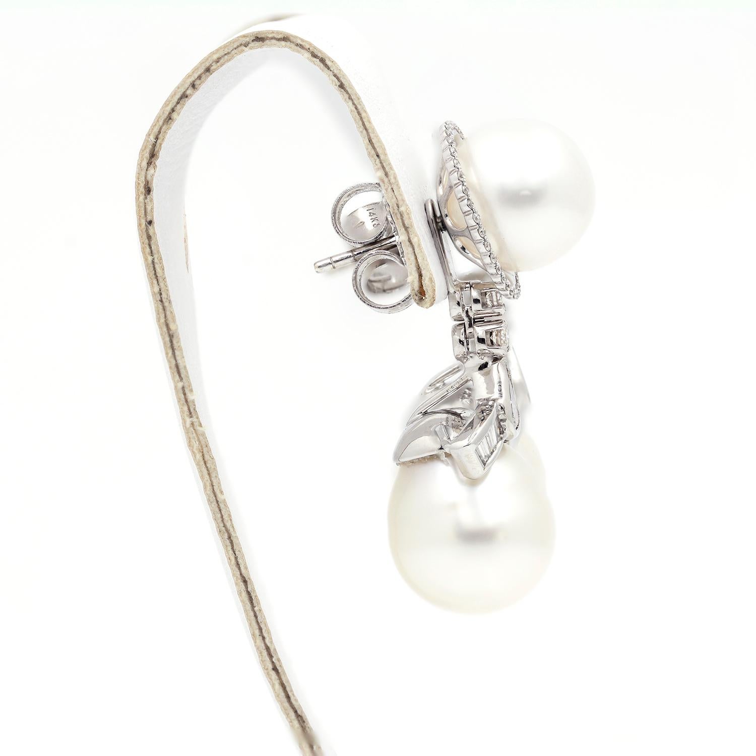 Modern 14k White Gold Diamond & Pearl Earring Jackets