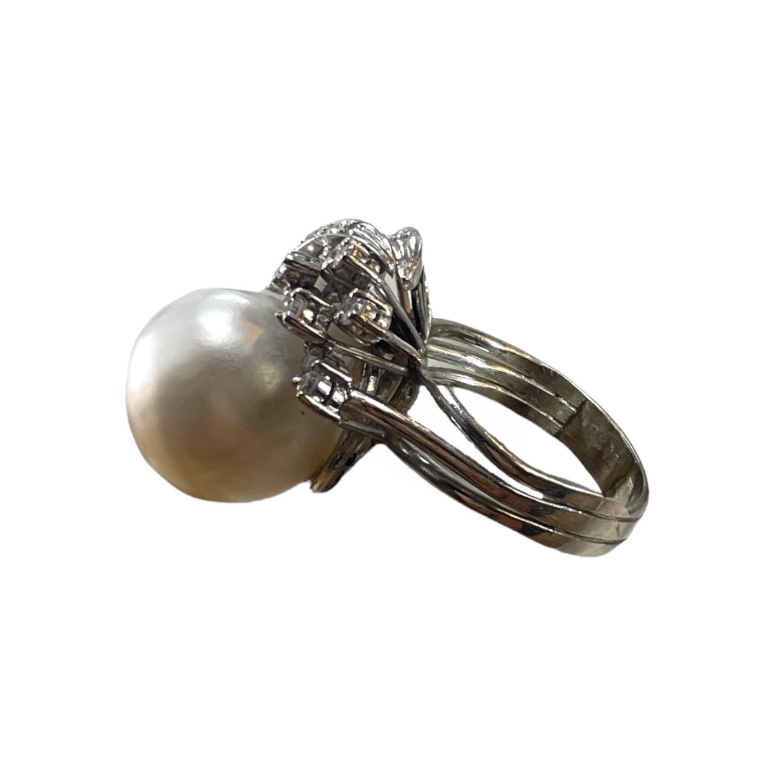 Round Cut 14K White Gold Diamond Pearl Ring