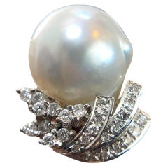 14K White Gold Diamond Pearl Ring