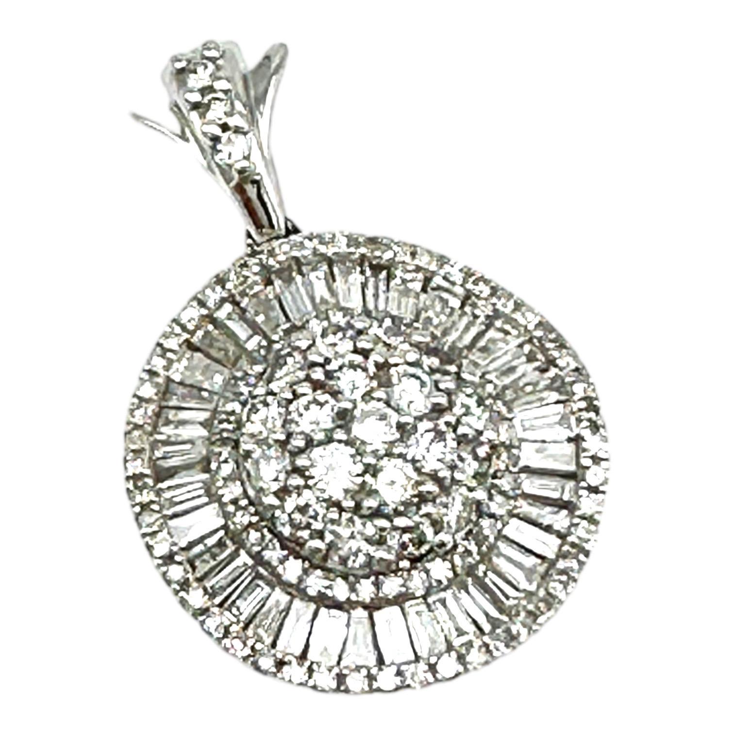 Contemporary 14K White Gold Diamond Pendant 3.00 Carats Baguettes and Rounds For Sale