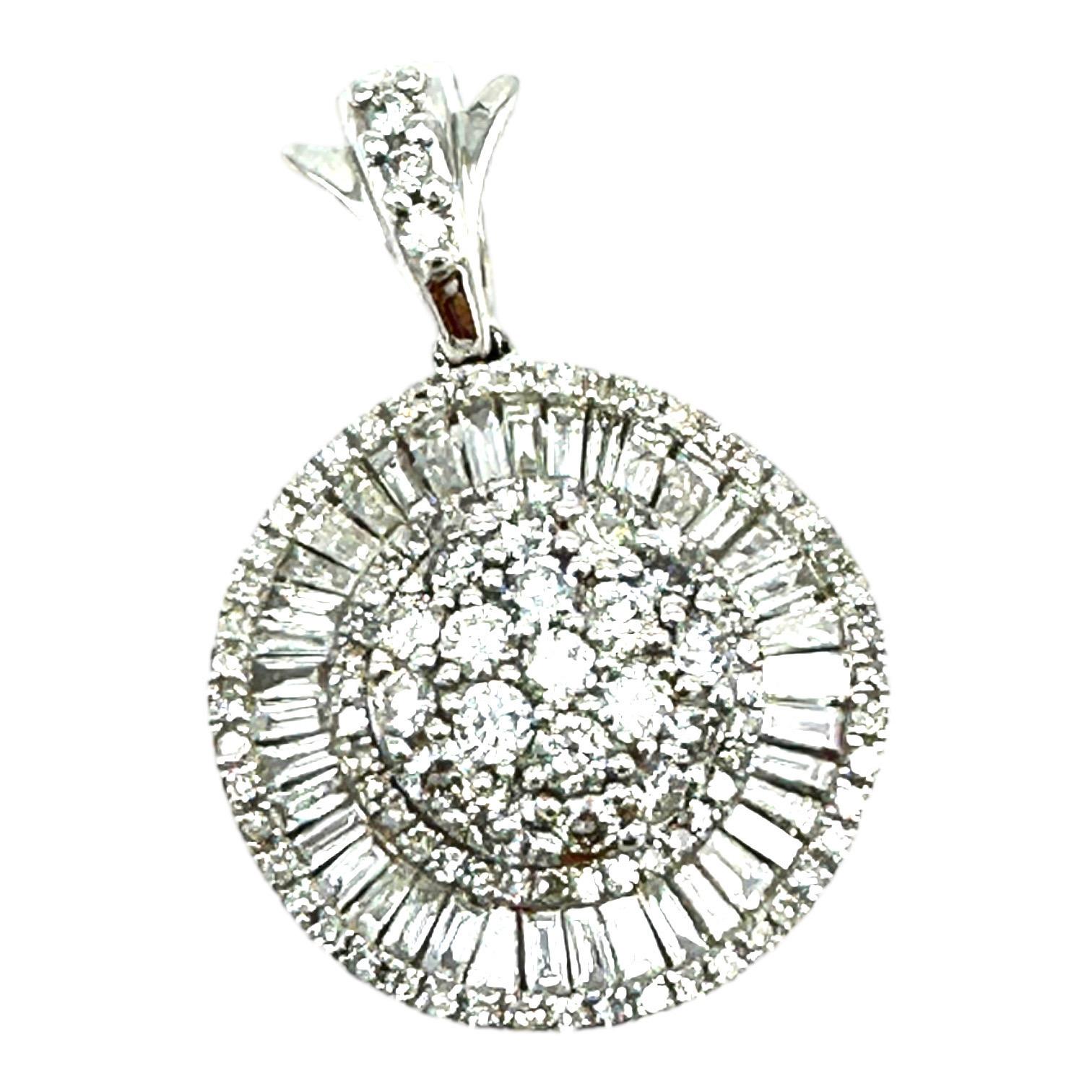Women's or Men's 14K White Gold Diamond Pendant 3.00 Carats Baguettes and Rounds For Sale