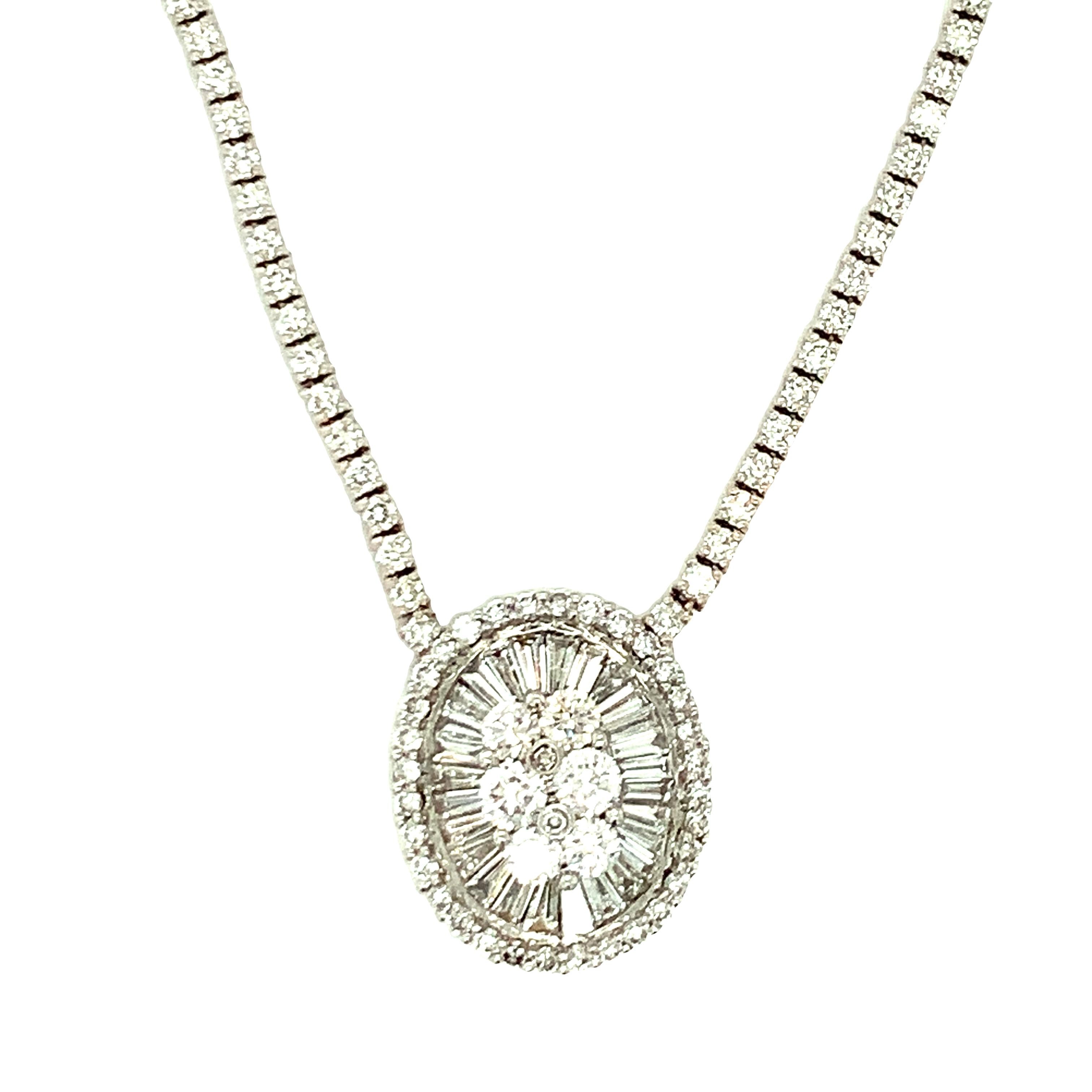 One 14K white gold diamond pendant / necklace featuring 272 baguette and round brilliant cut diamonds totaling 3.72 ct. with H-I color and SI-1 clarity. Riviera style link necklace with oval shaped center pendant portion design.  

Sparkly, showy,