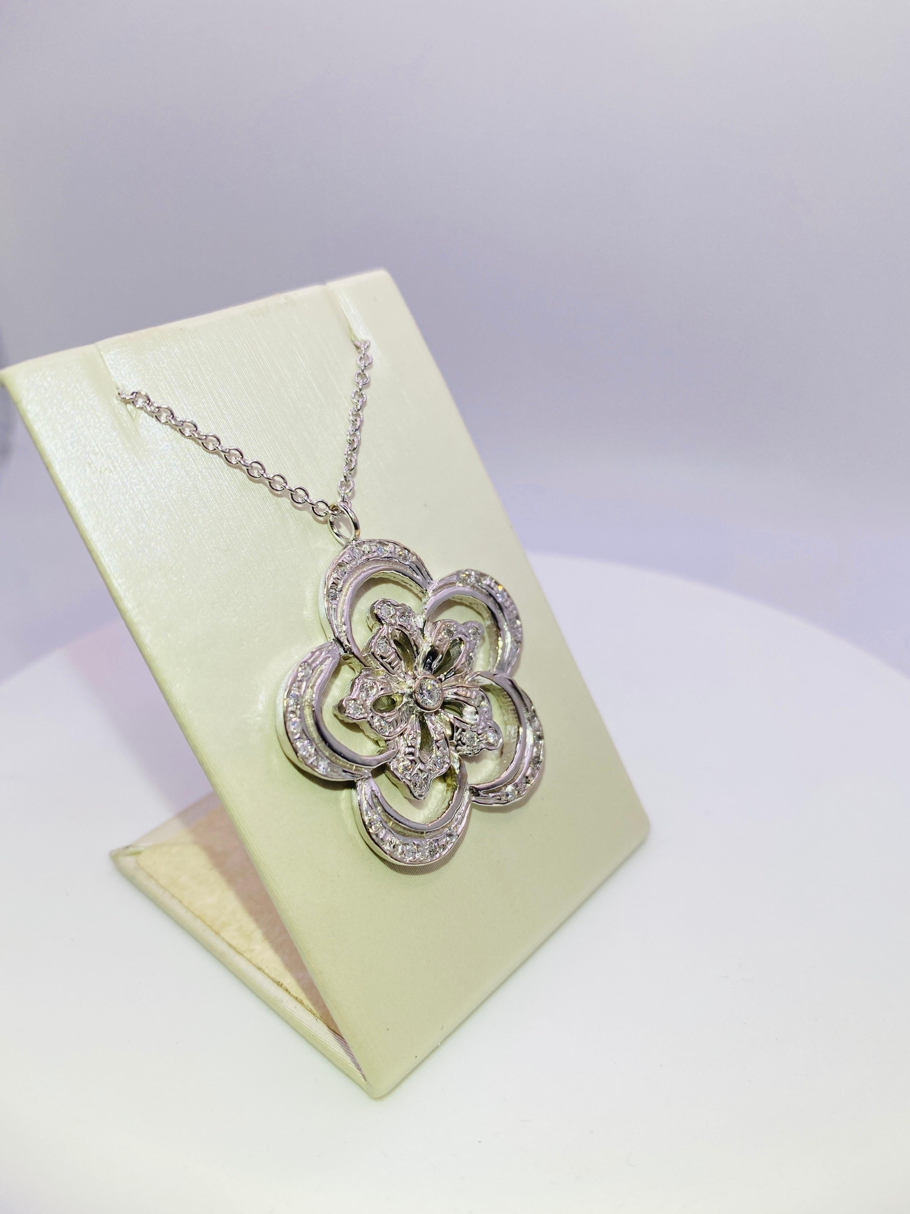 Diamond Flower Pendant on White Gold Chain In New Condition In DALLAS, TX