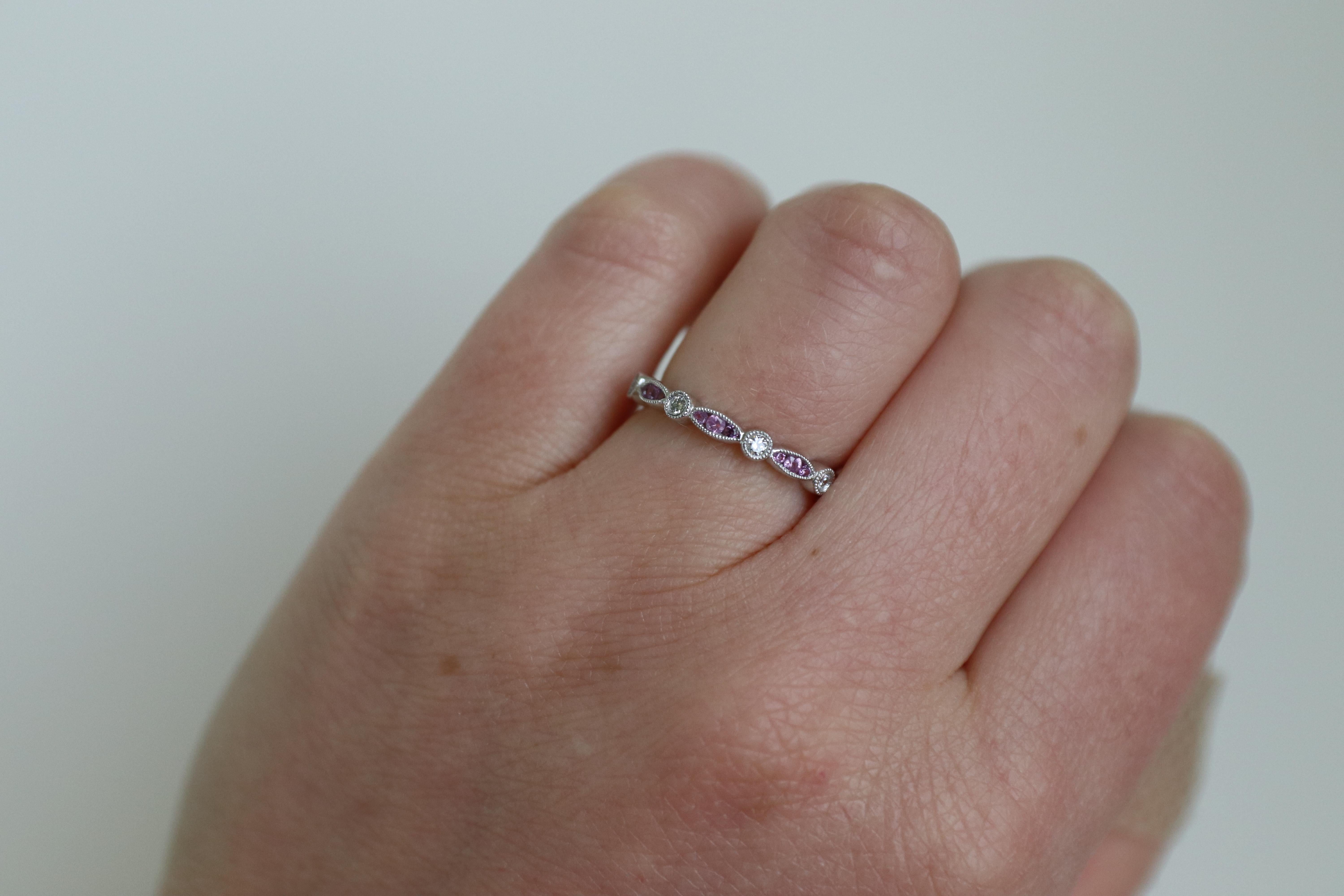 14 Karat White Gold Diamond and Pink Sapphire Band Ring Milgrain Bezel Set In Excellent Condition In  Baltimore, MD