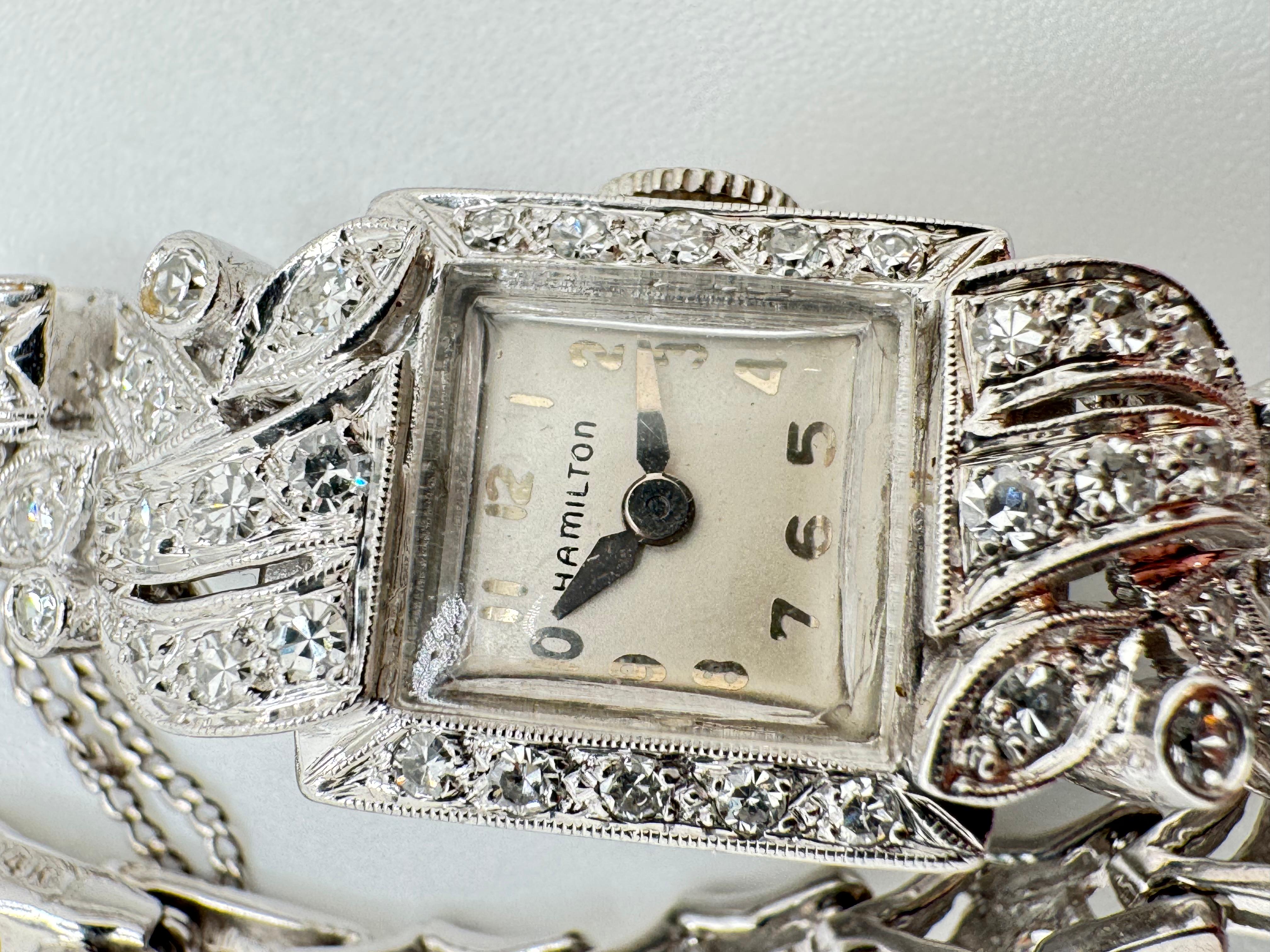 Hamilton-Uhr aus 14 Karat Weißgold, Diamant und Platin (Rundschliff) im Angebot