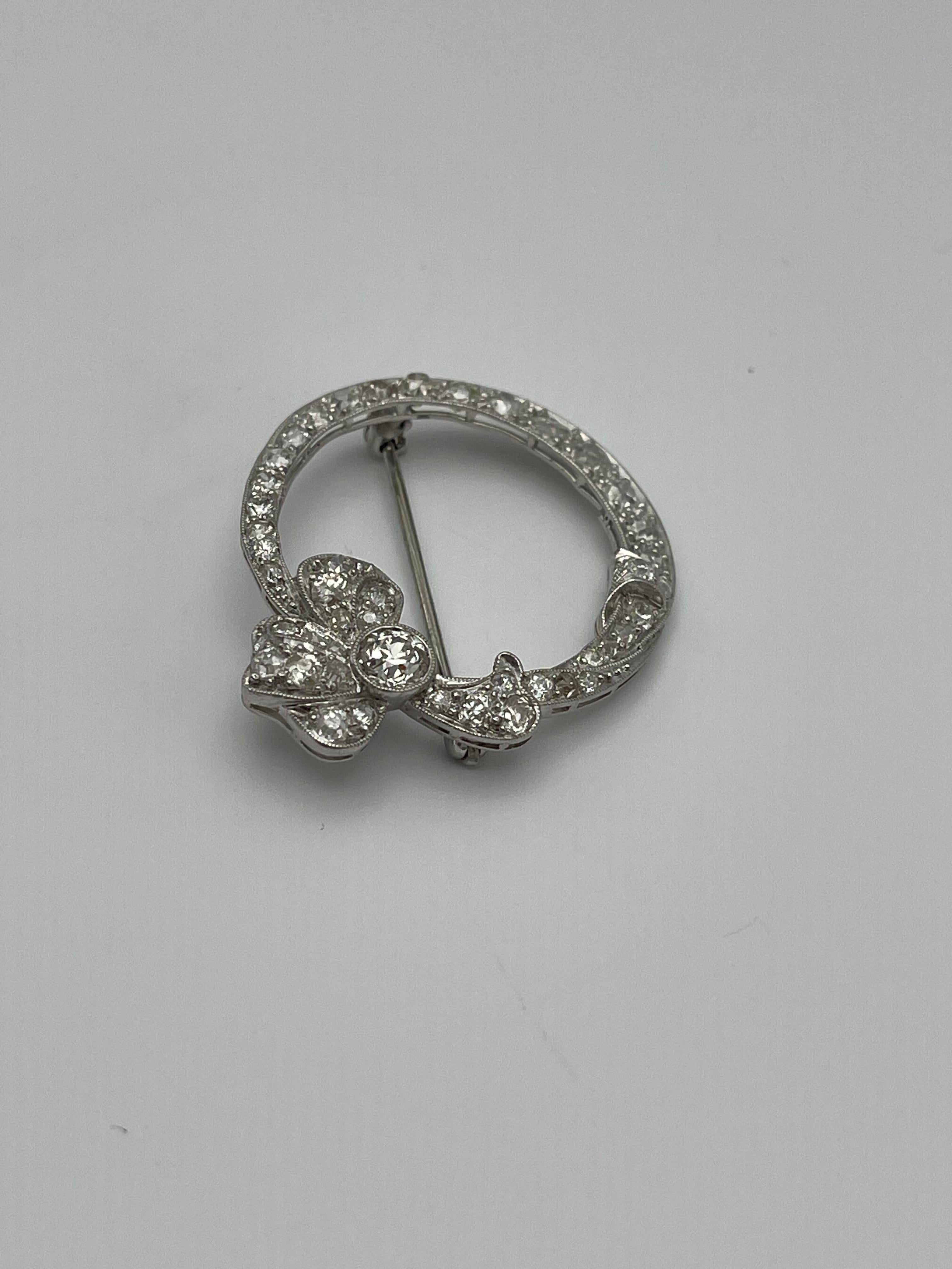Round Cut 14K White Gold Diamond Ribbon Brooch Pin For Sale