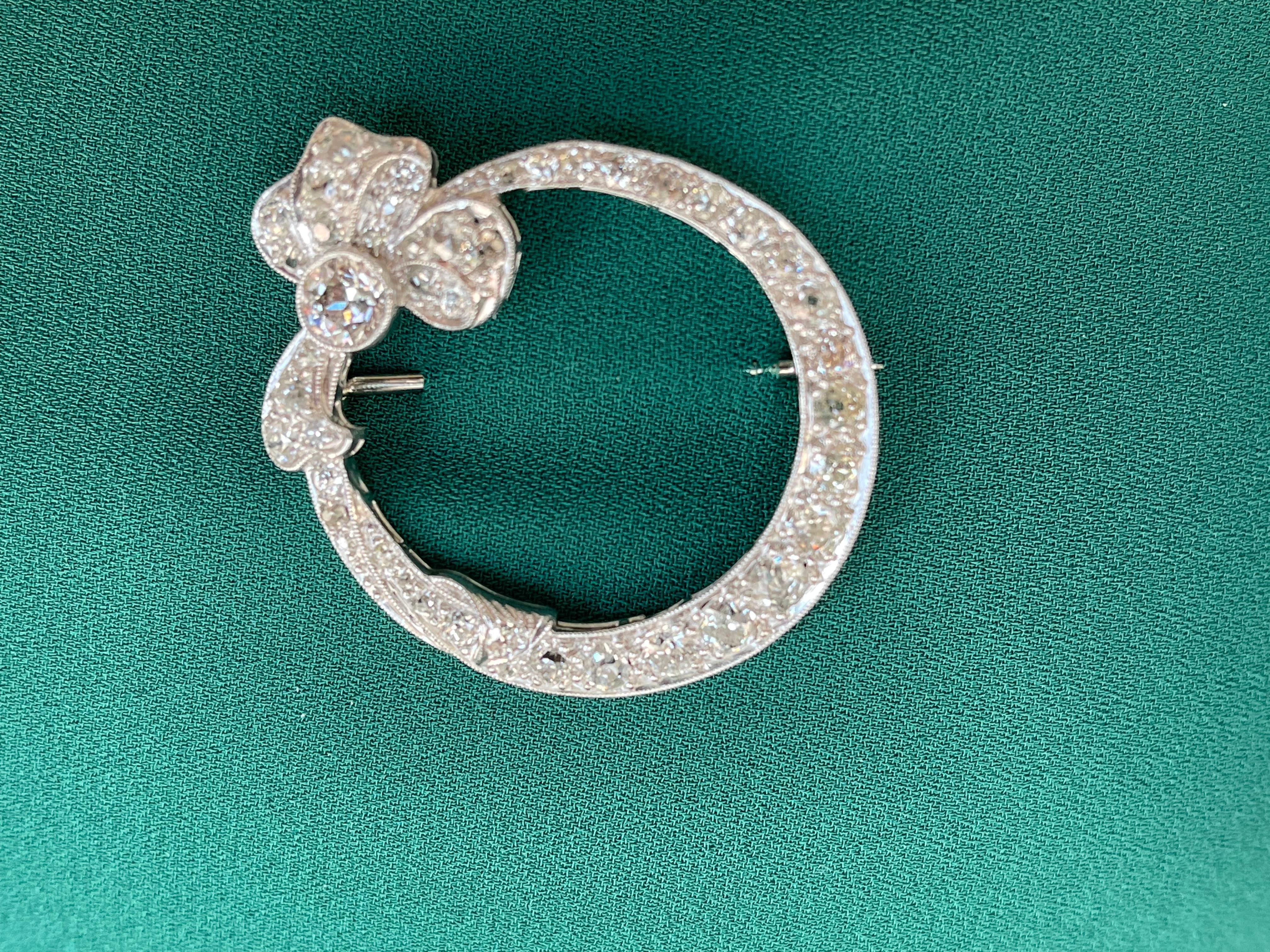 Women's or Men's 14K White Gold Diamond Ribbon Brooch Pin For Sale