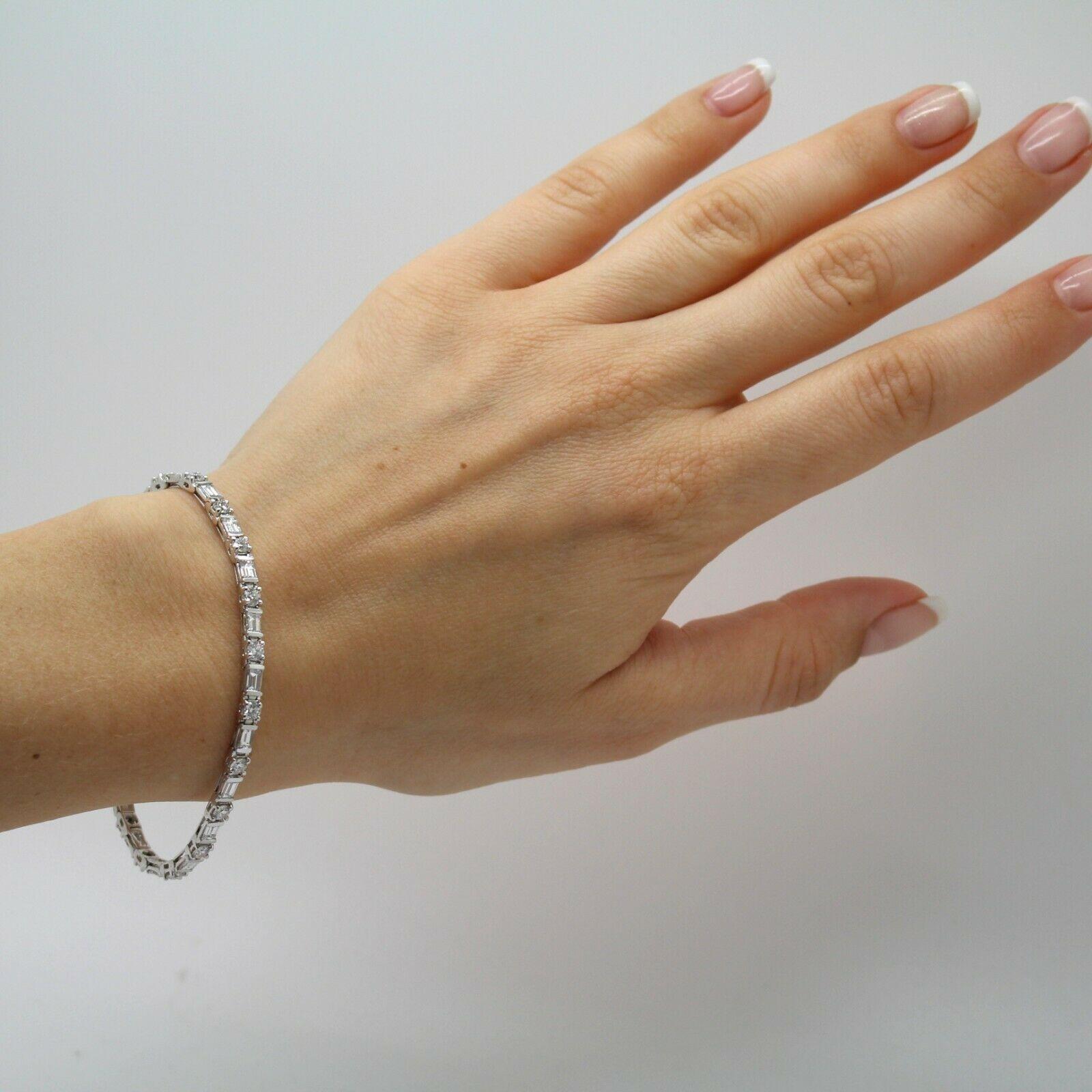 Women's or Men's 14k White Gold Diamond Round and Baguette Tennis Bracelet