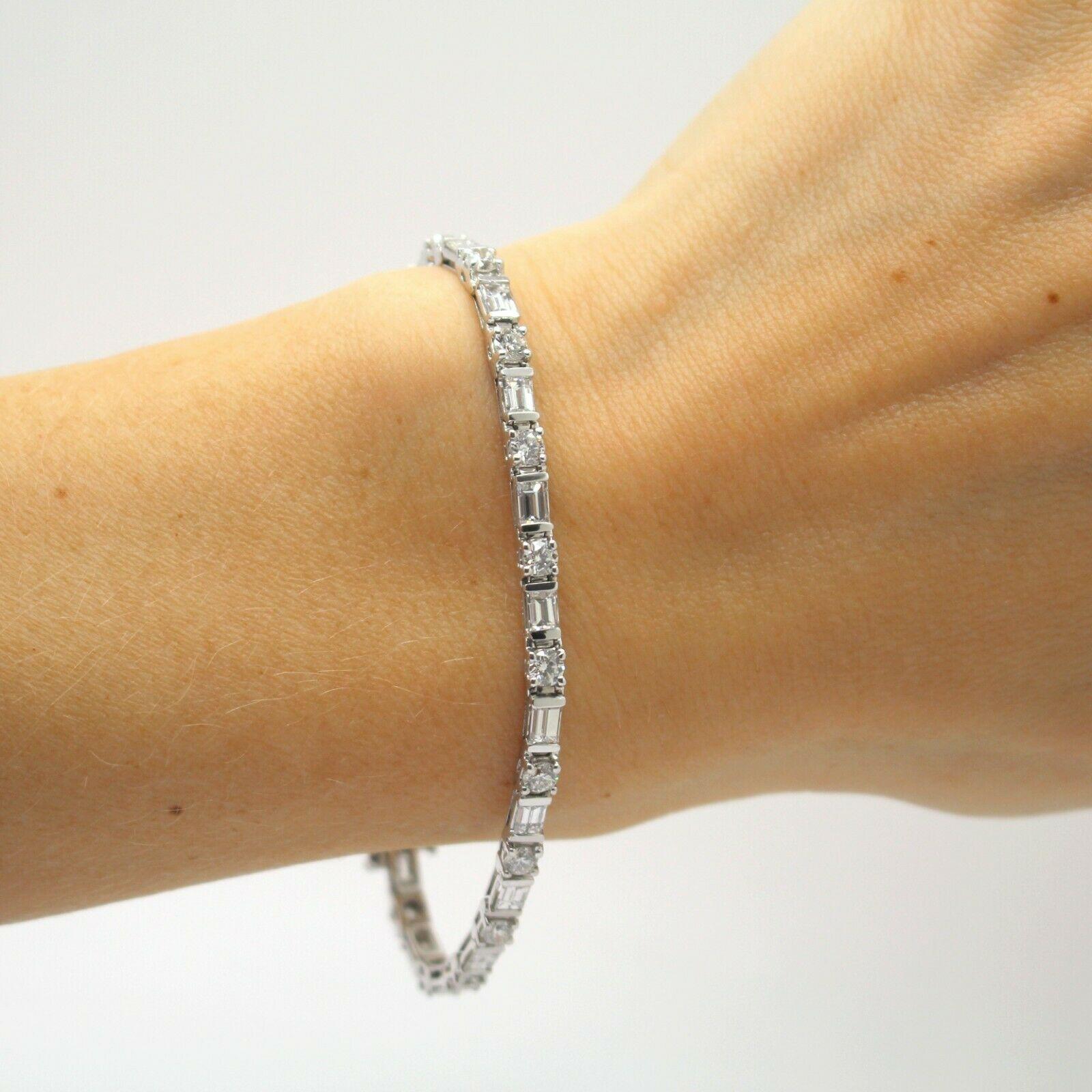 14k White Gold Diamond Round and Baguette Tennis Bracelet 1