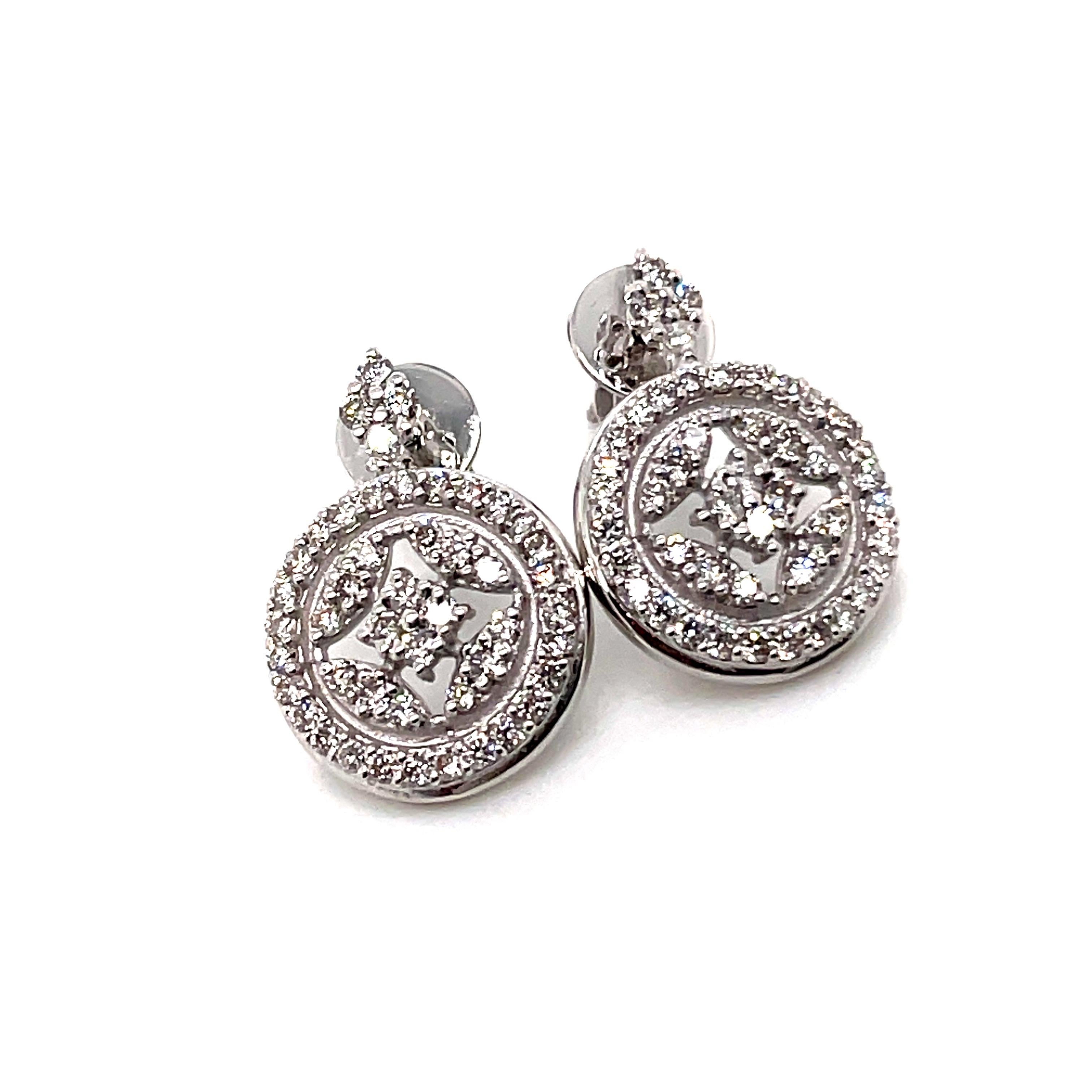 Women's 14k White Gold Diamond Round Pave Diamond Earrings For Sale