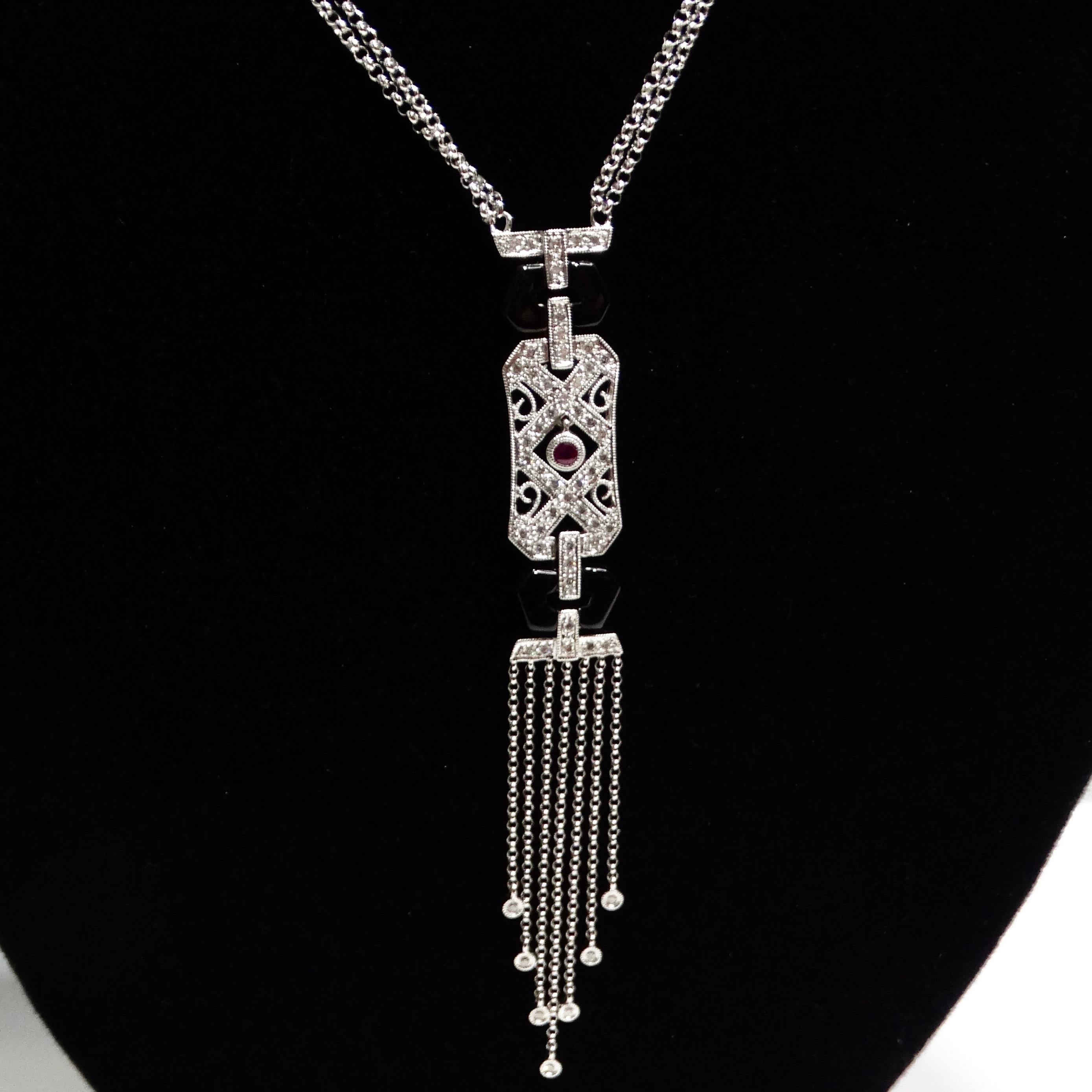 Adorn yourself in luxury with this exquisite 14K White Gold Diamond, Ruby, and Onyx Necklace, a true testament to elegance and sophistication.

Crafted with meticulous attention to detail, this custom-made necklace boasts a stunning pendant that