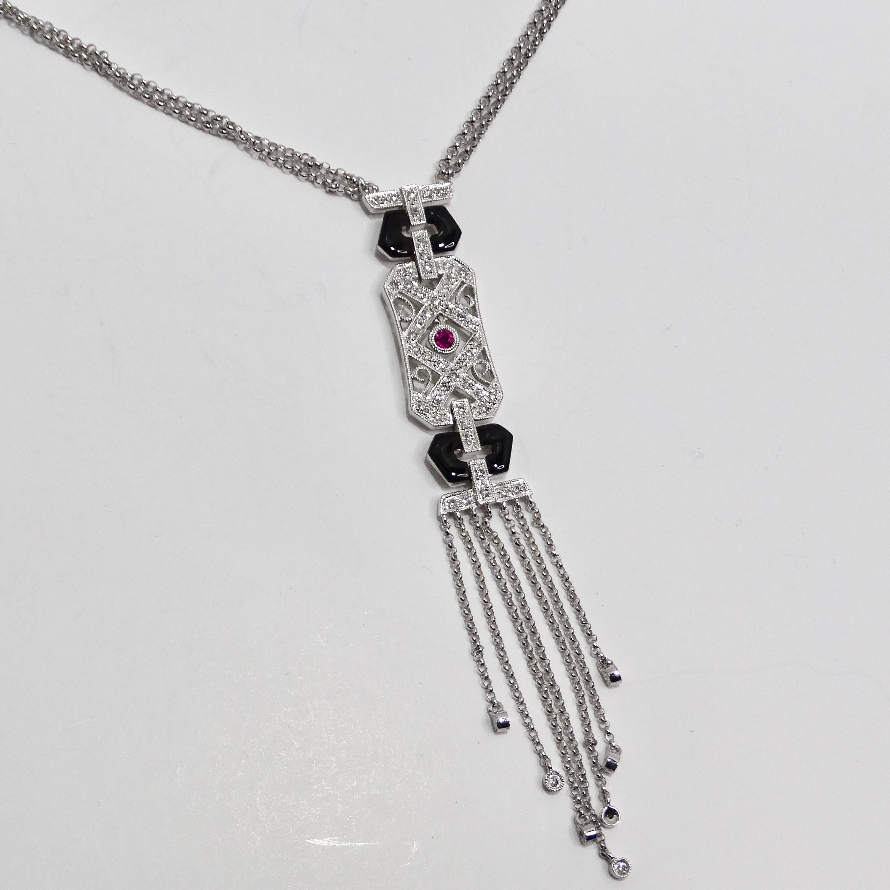 14K White Gold Diamond, Ruby, and Onyx Necklace For Sale 2