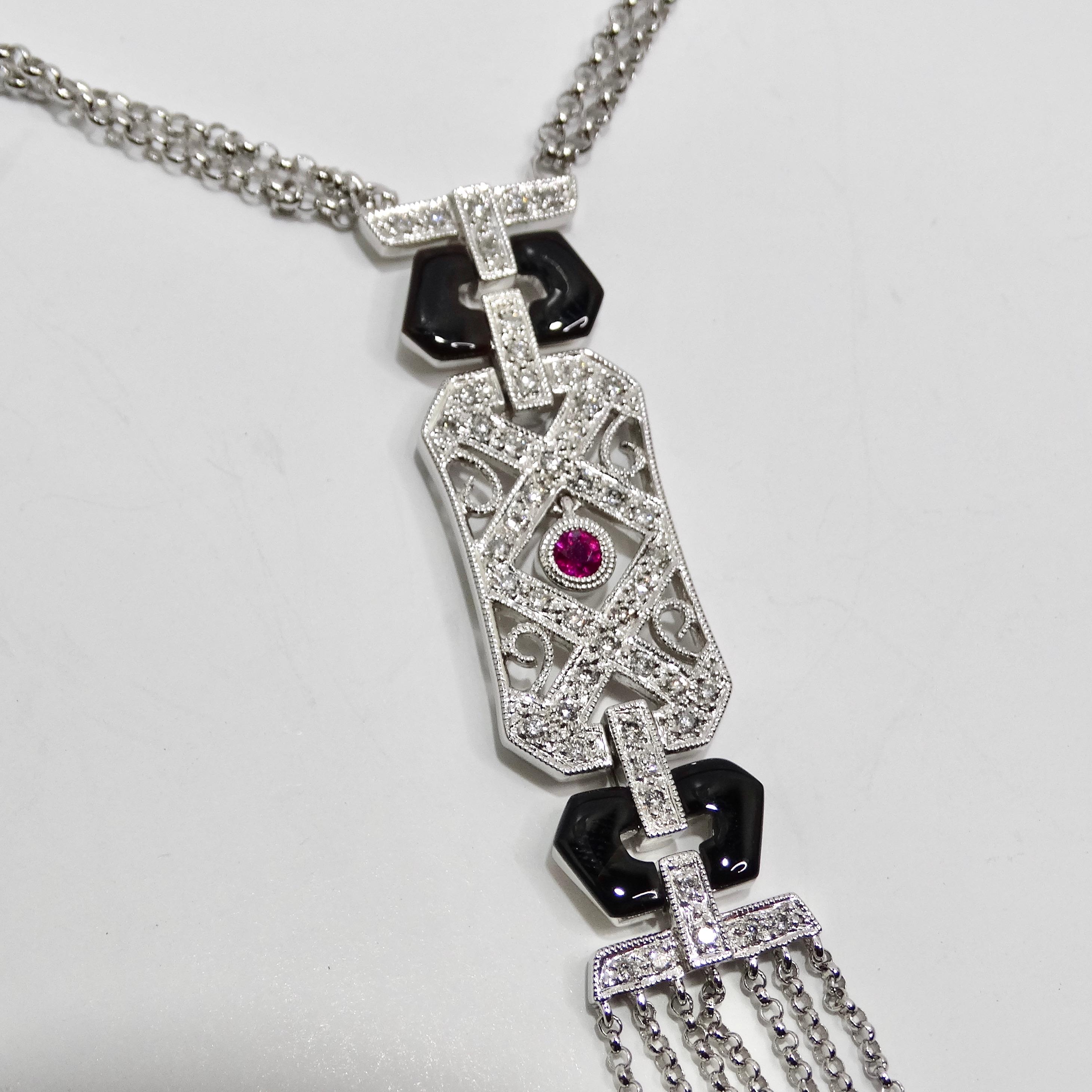 14K White Gold Diamond, Ruby, and Onyx Necklace For Sale 4