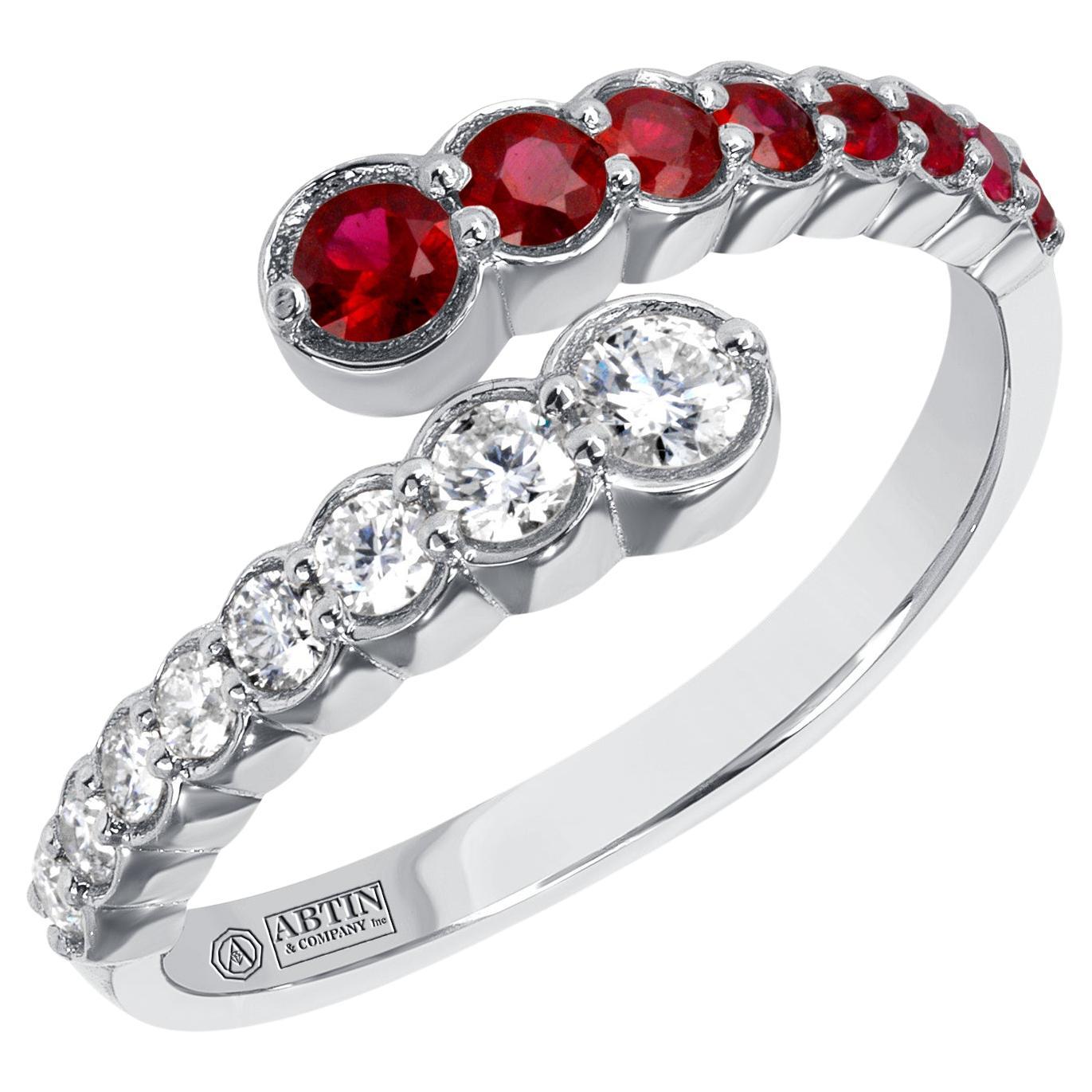 14K White Gold Diamond & Ruby Bezel Bypass Ring Band  For Sale