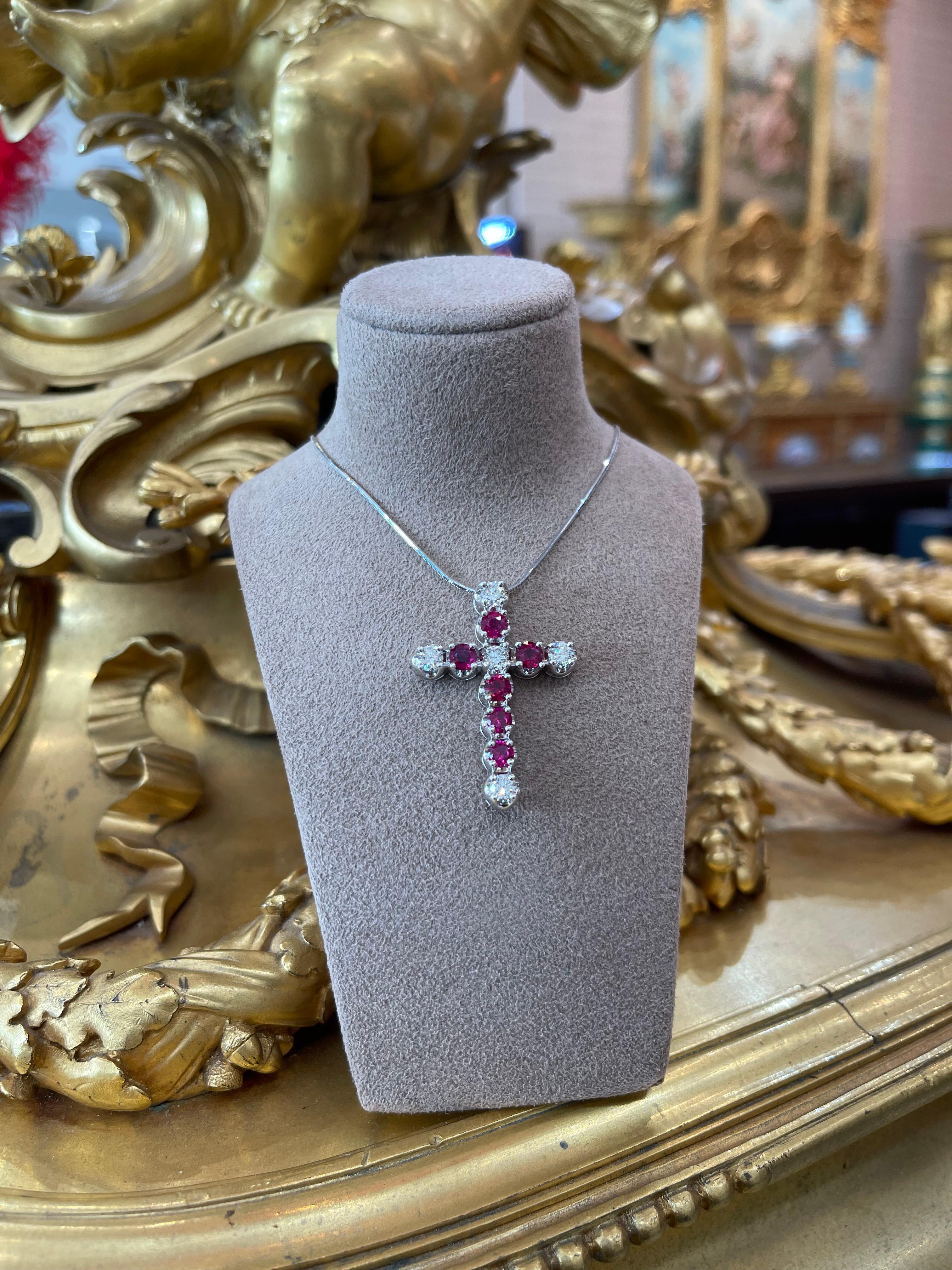 Modern 14k White Gold Diamond & Ruby Cross Necklace For Sale