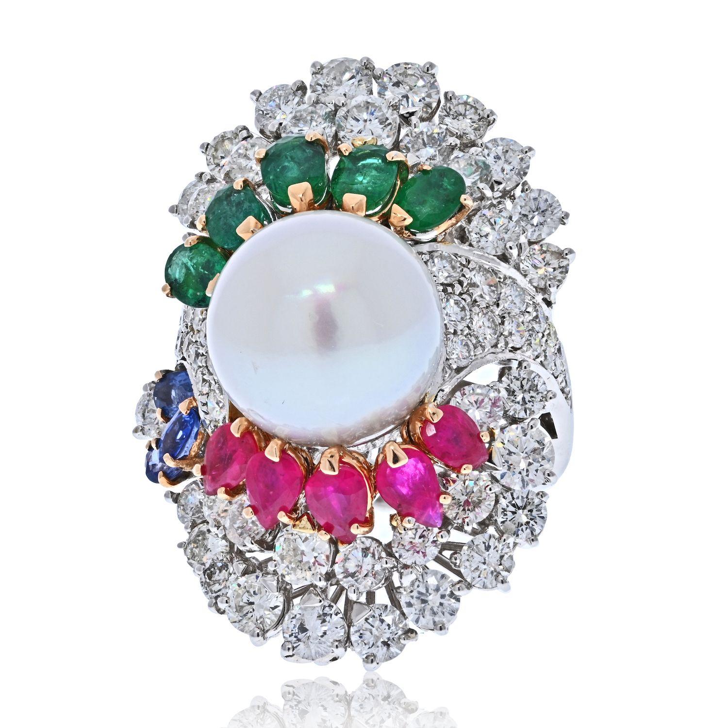 Modern 14K White Gold Diamond, Ruby, Emerald and South Sea Pearl Ring For Sale