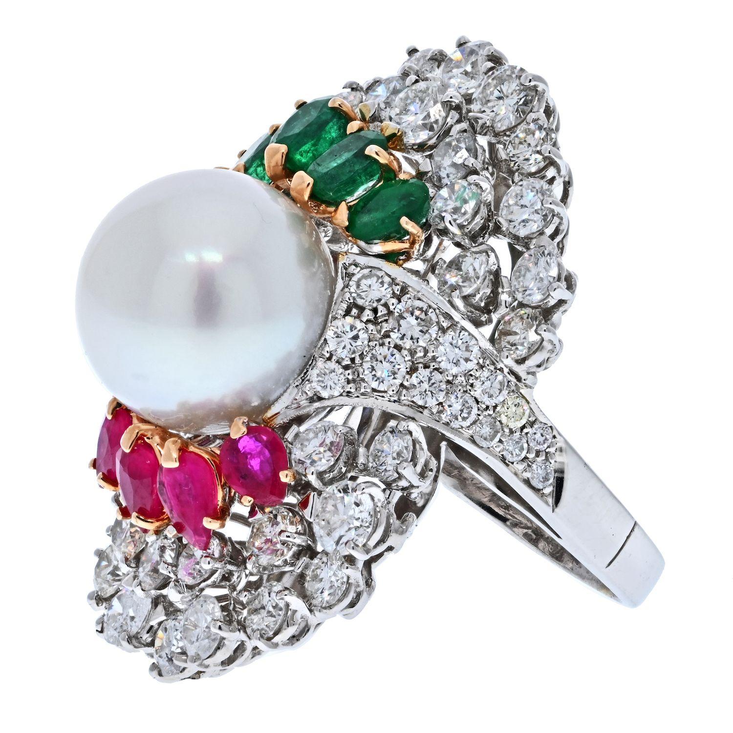 14K White Gold Diamond, Ruby, Emerald and South Sea Pearl Ring In Excellent Condition For Sale In New York, NY