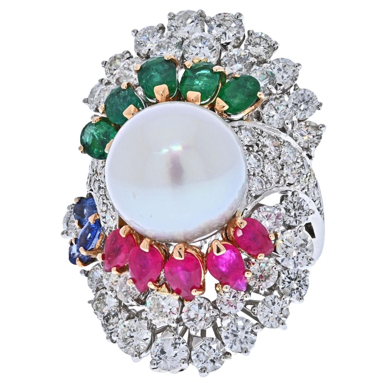 14K White Gold Diamond, Ruby, Emerald and South Sea Pearl Ring For Sale