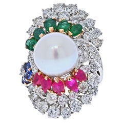 14K White Gold Diamond, Ruby, Emerald and South Sea Pearl Ring