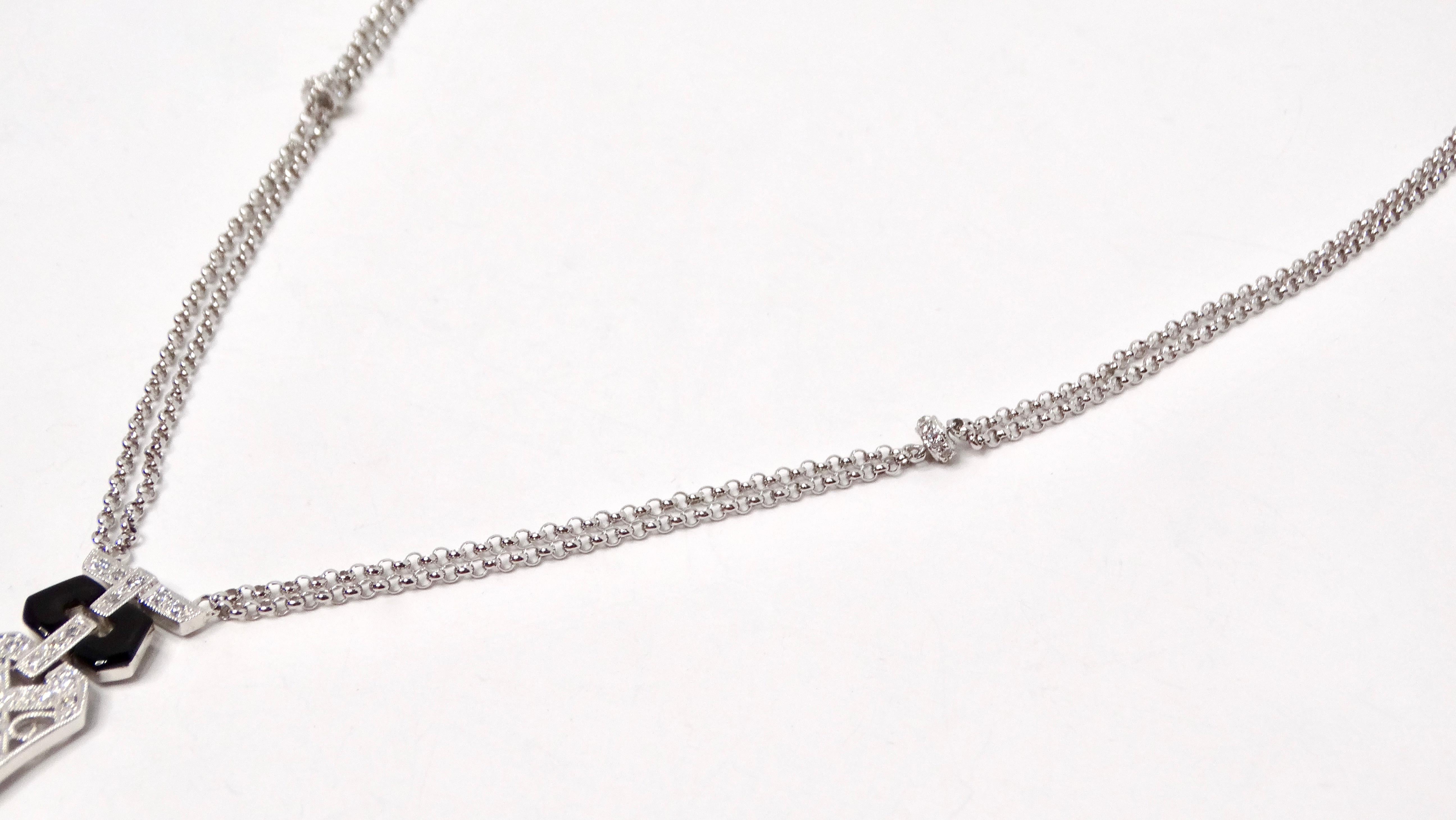 Collana con ciondolo a doppia catena in oro bianco 14k con diamanti, rubini e onice In condizioni buone in vendita a Scottsdale, AZ