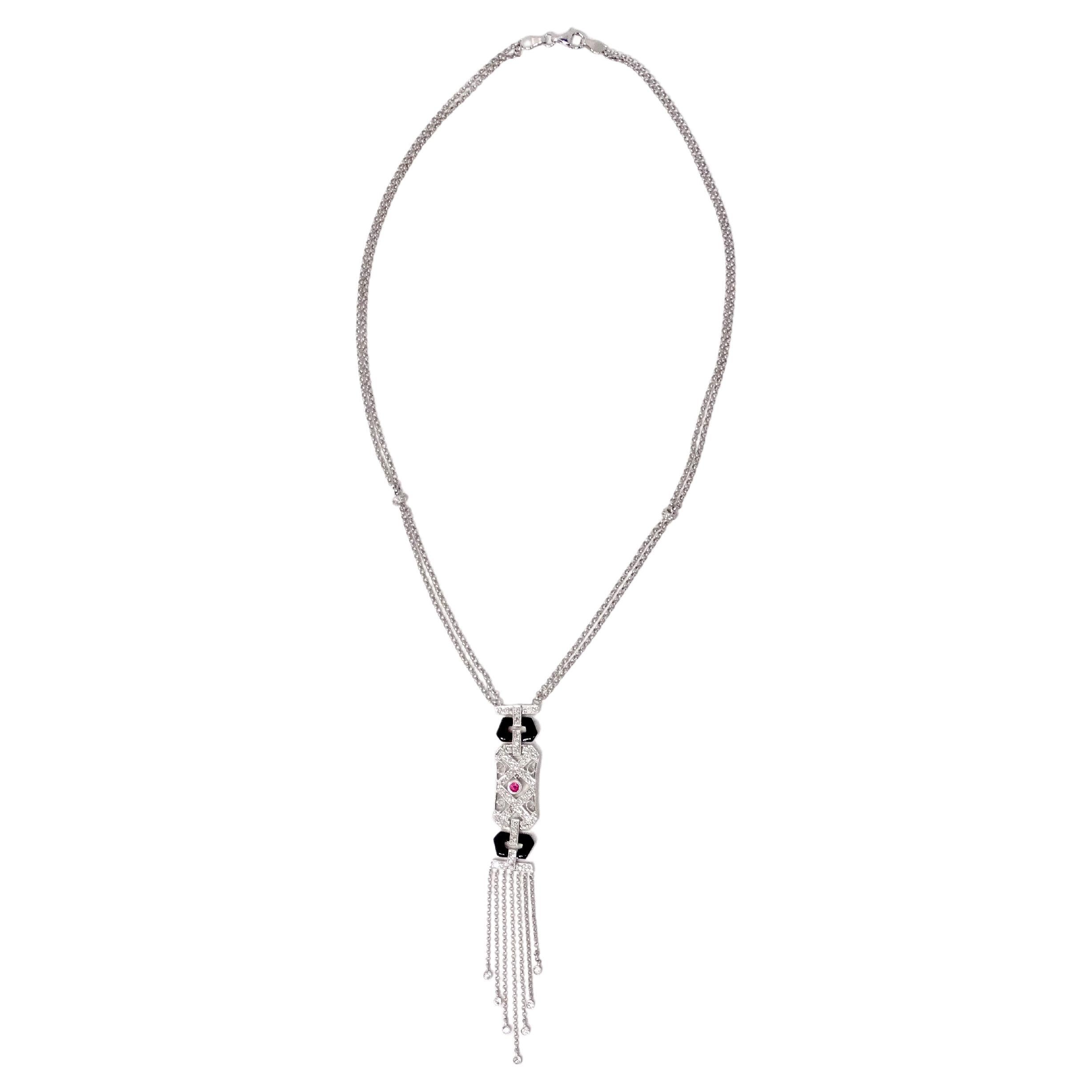 14k White Gold Diamond, Ruby & Onyx Double Drop Chain Pendant Necklace