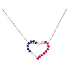 14k White Gold Diamond, Ruby & Sapphire Heart Pendant Necklace