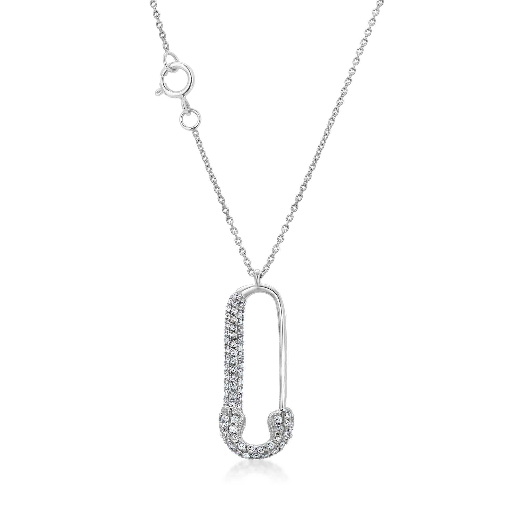 Moderno 14K White Gold Diamond Safety Pin 0.20 Carats 0.78 Inch  Necklace 18 Inch in vendita